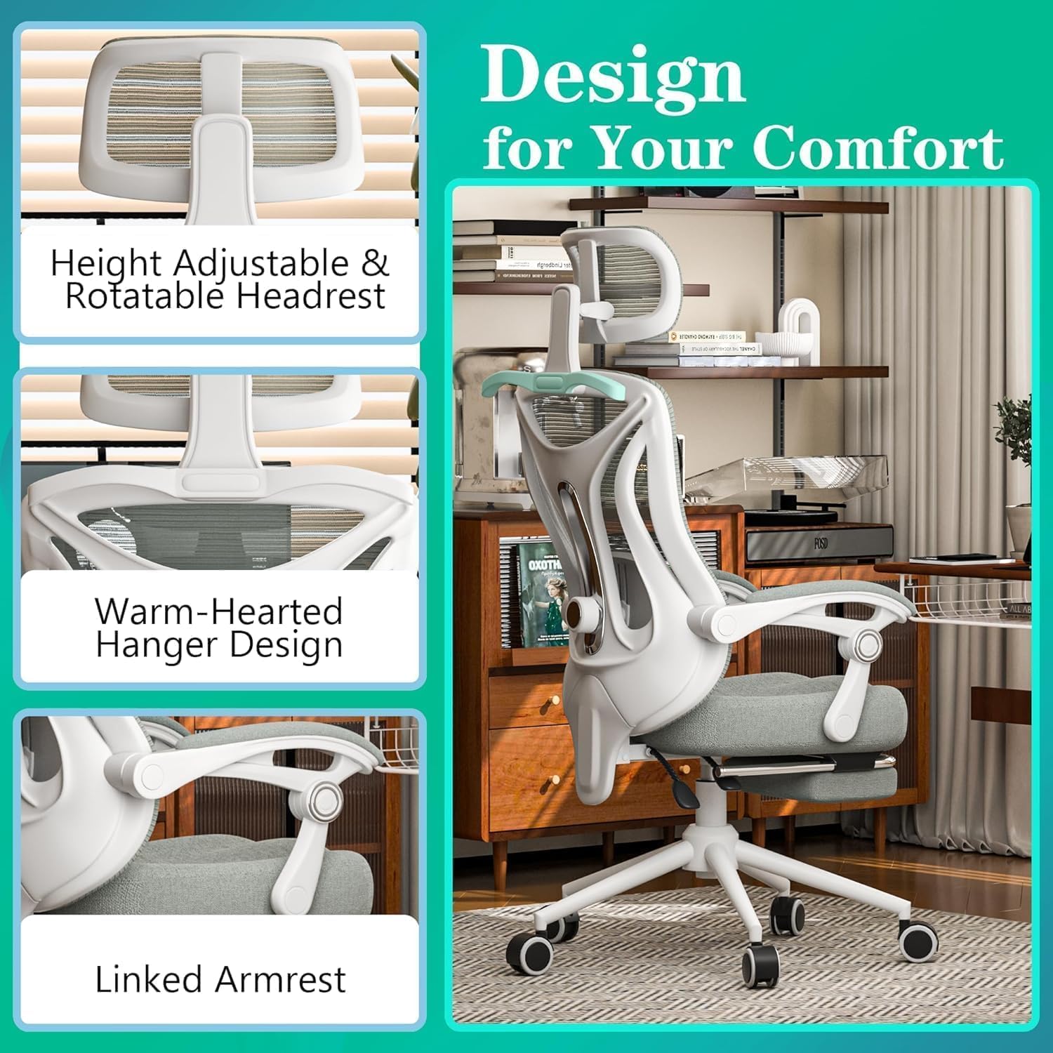 Chair headrest with height and angle adjustment features