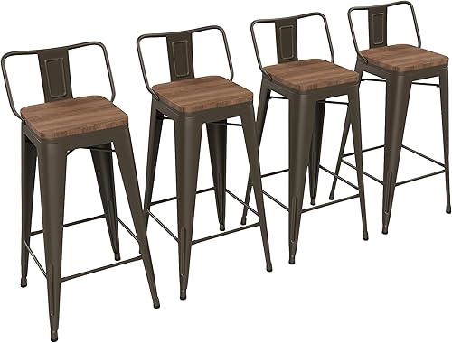 Miniatura 17 de Yongchuang - Juego de 4 taburetes de bar de 30 pulgadas, de altura de barra, de metal con asiento de madera y respaldo bajo, sillas de bar de Negro