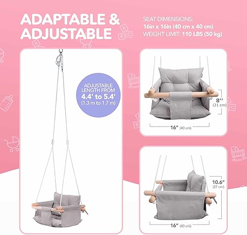 Miniatura 4 de CaTeam - Columpio de lona para bebé, silla colgante de madera con cinturón de seguridad, columpio duradera para bebé, columpio para exteriores e