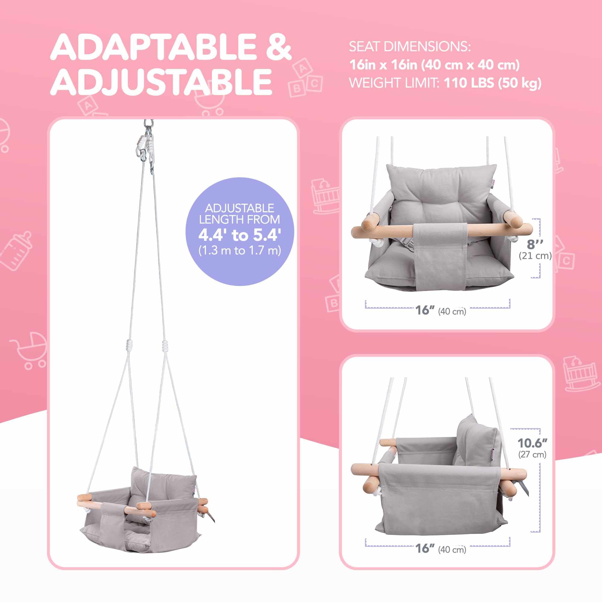 CaTeam - Balançoire pour bébé en Toile, balançoire Suspendue en Bois avec Ceinture de sécurité, Chaise hamac Durable pour bébé, balançoire extérieure et intérieure pour Enfants, Gris Taupe