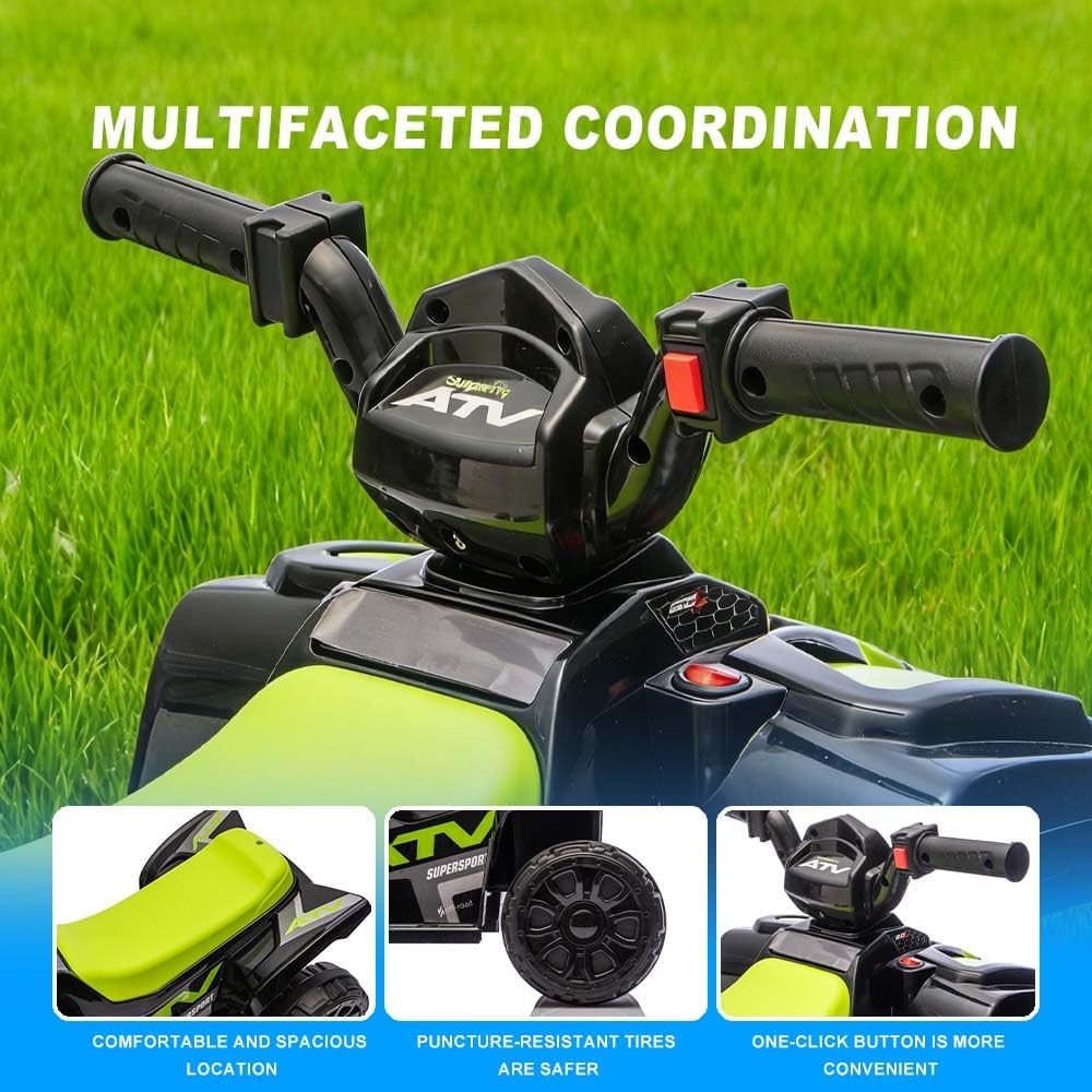 6V Kids Quad Ride-On Toy, Toddler ATV Car with Push-Button Start, LED Headlight & All-Terrain Tires – Safe, Rechargeable, for Ages 1-6 Years Up to 44 lbs (Green)