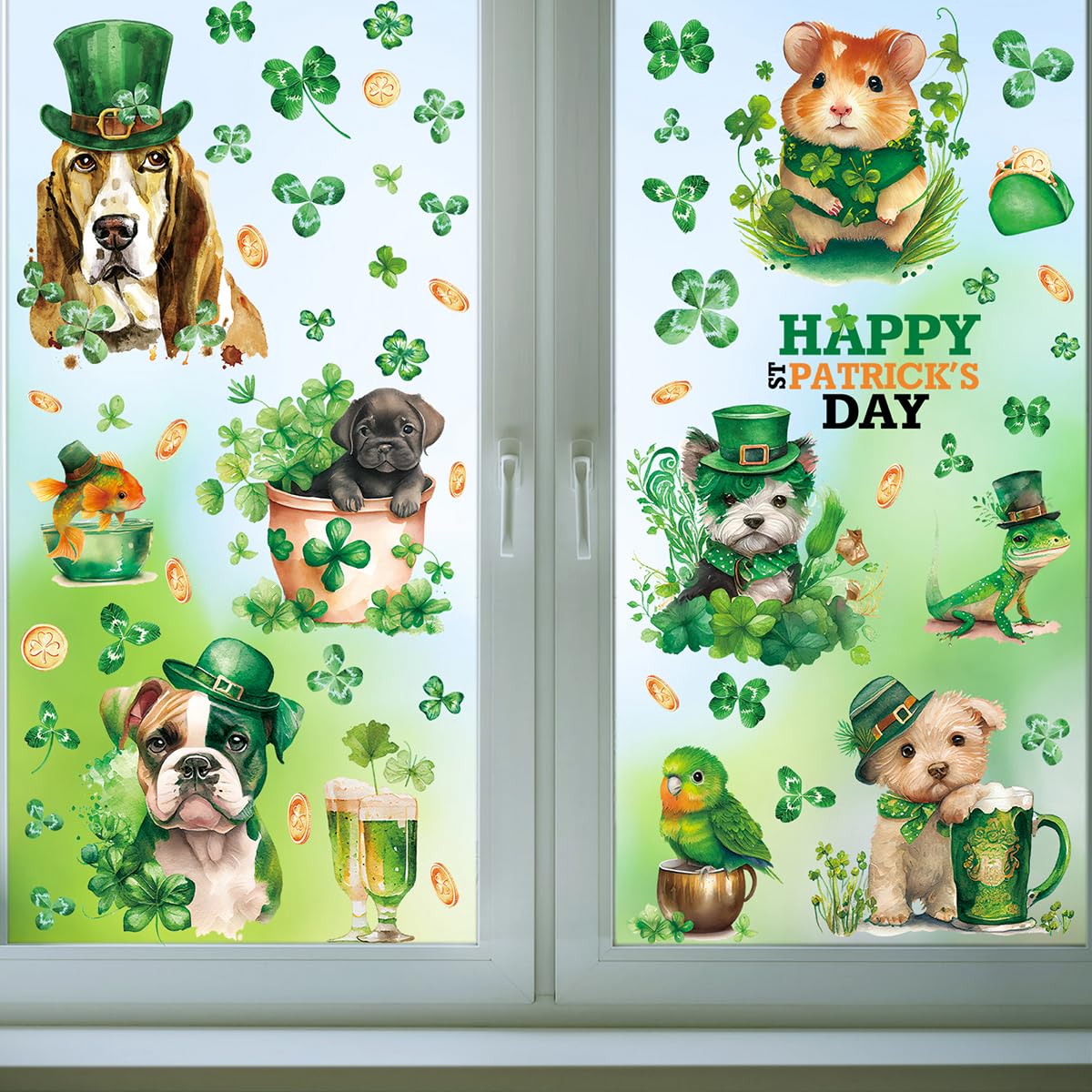 St Patricks Day Window Clings Stickers 9 Sheets St Patricks Day Decorations with Green Shamrock Cute Pet Designs Window Decals Double Sided Window Clings for Glass Windows Holiday Home Party Supplies