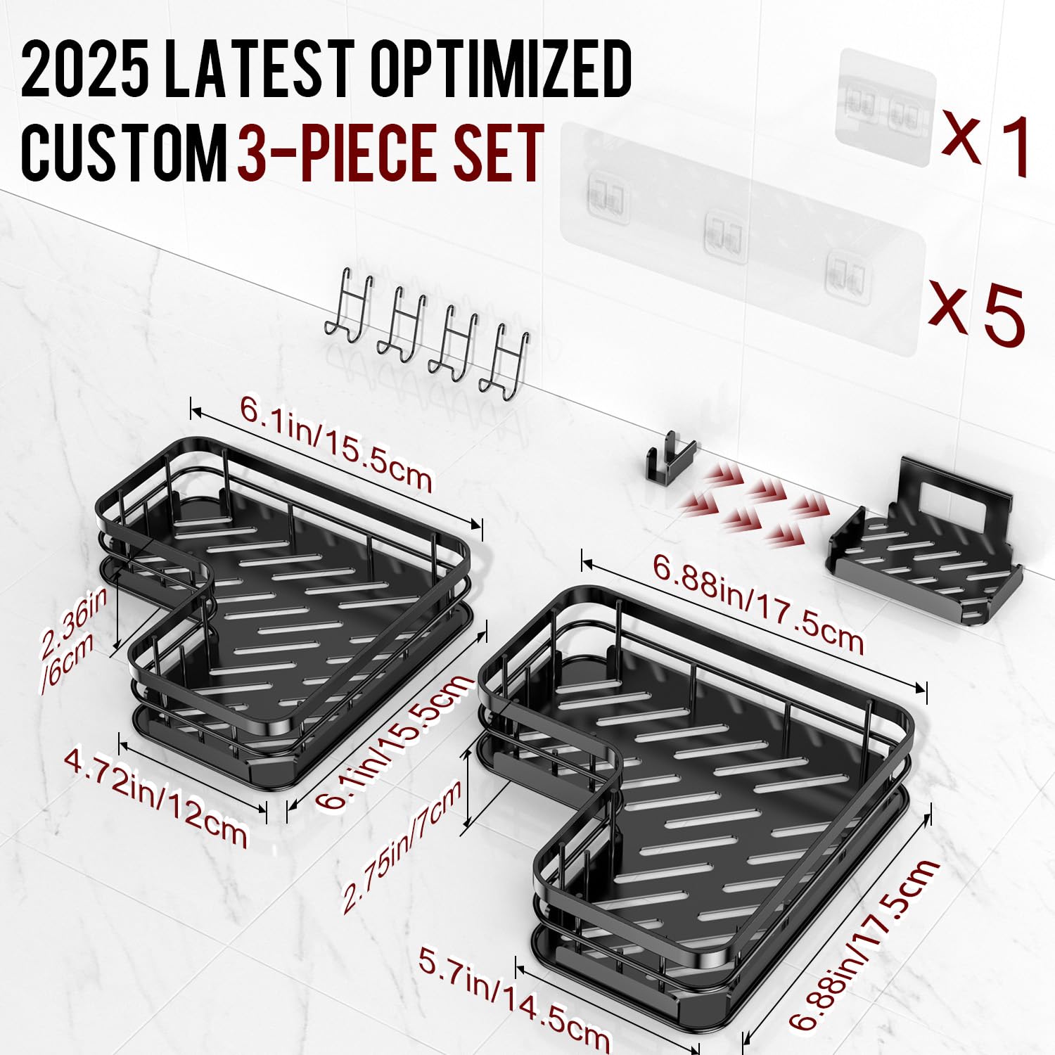 Getsrichfc Organizador de ducha esquinero, paquete de 3 accesorios de baño adhesivos con 4 soportes para jabón, estante organizador de ducha de acero inoxidable con ganchos, estantes de ducha sin