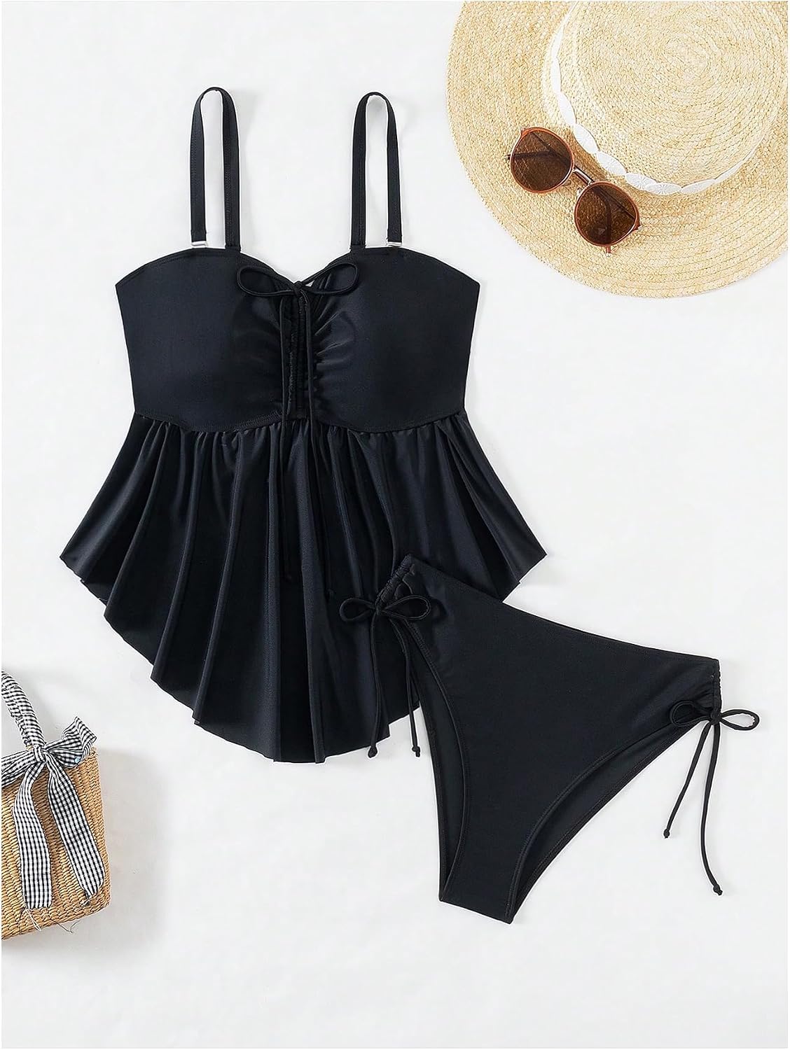 Floerns Women's Elegant Tankini Swimsuit High Waisted Ruffle Tummy Control Swim Top with Bottom