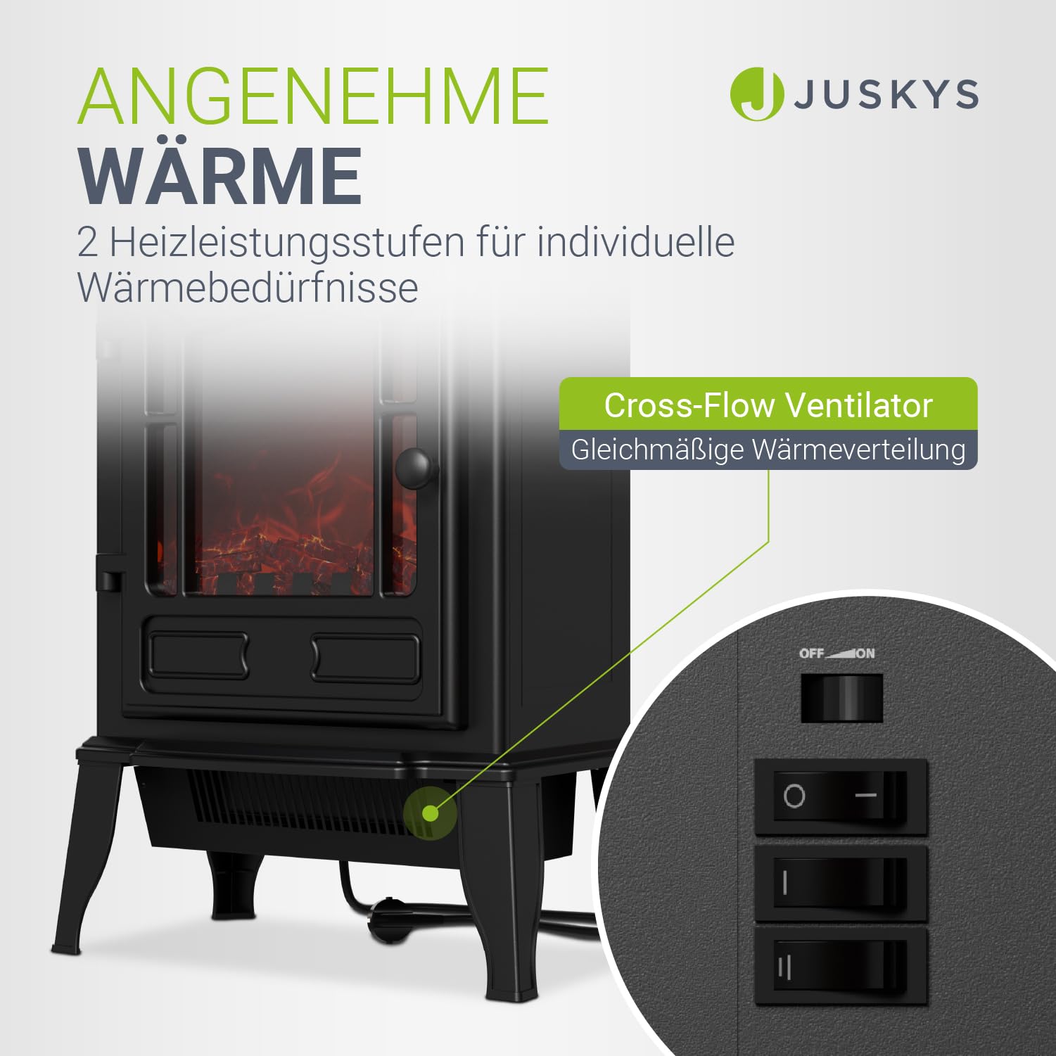 Juskys® Elektrokamin 2000 W — Schwarz, elektrischer Standkamin mit Flammeneffekt, 2 Heizstufen, Thermostat & Sicherheitsabschaltung für Wohnzimmer