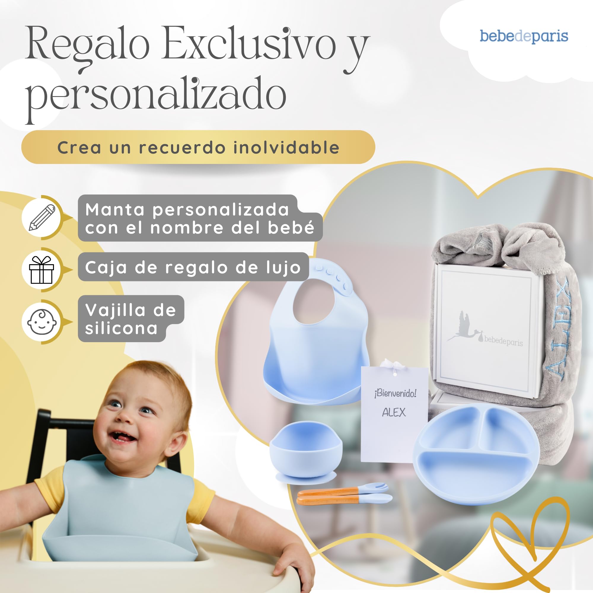 Bestickte Decke mit Namen und Geschirr aus Silikon, umweltfreundliches Geschenk für Babys, Geschenkset für Jungen und Mädchen (Geschirr + Decke, Blau) | BebeDeParis