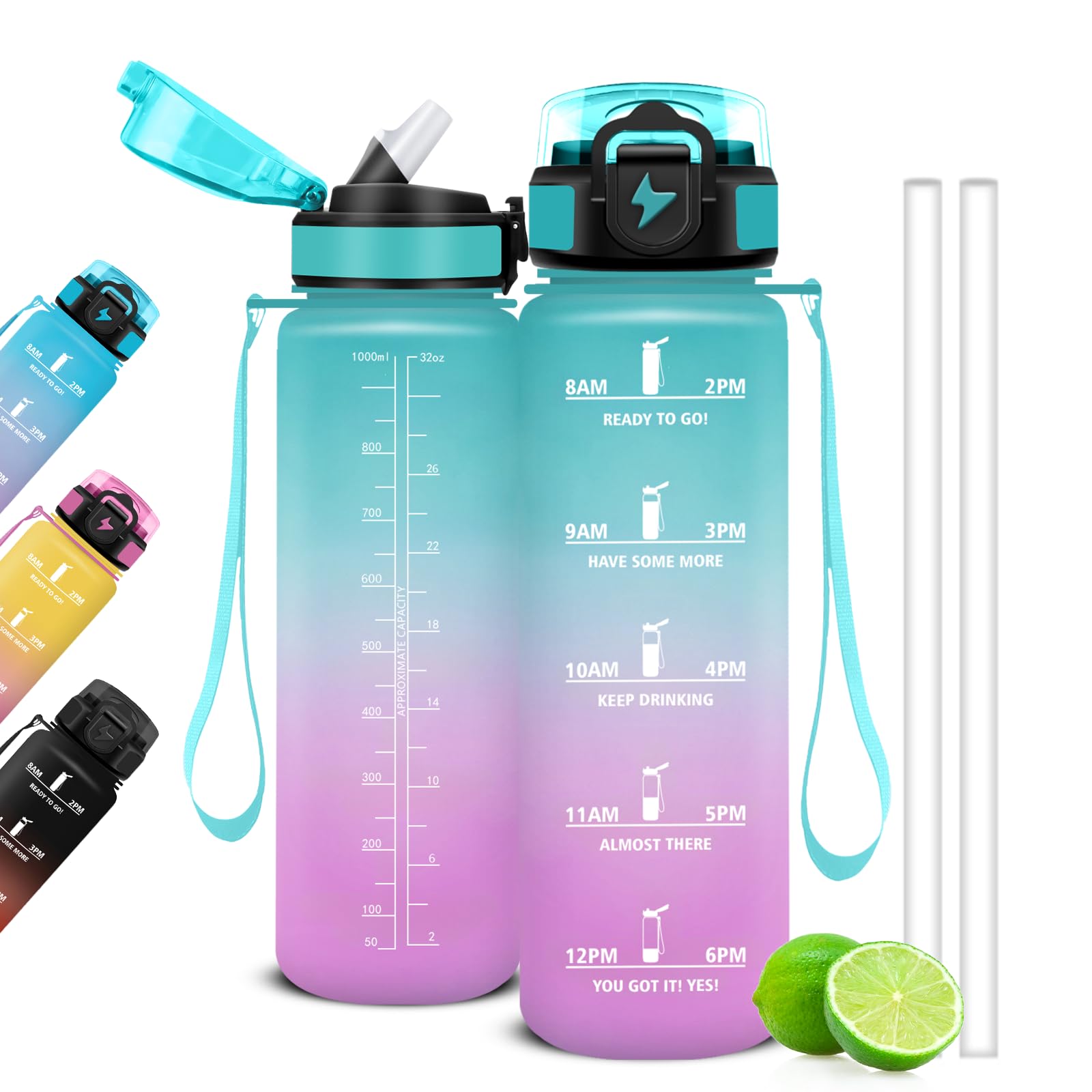 Mujigaga 1 Litre Water Bottle, Gym Water Bottle with Straw and Drinking Times, Motivational Sports Water Bottles, Leak Proof Water Bottles for Gym, School, Yoga