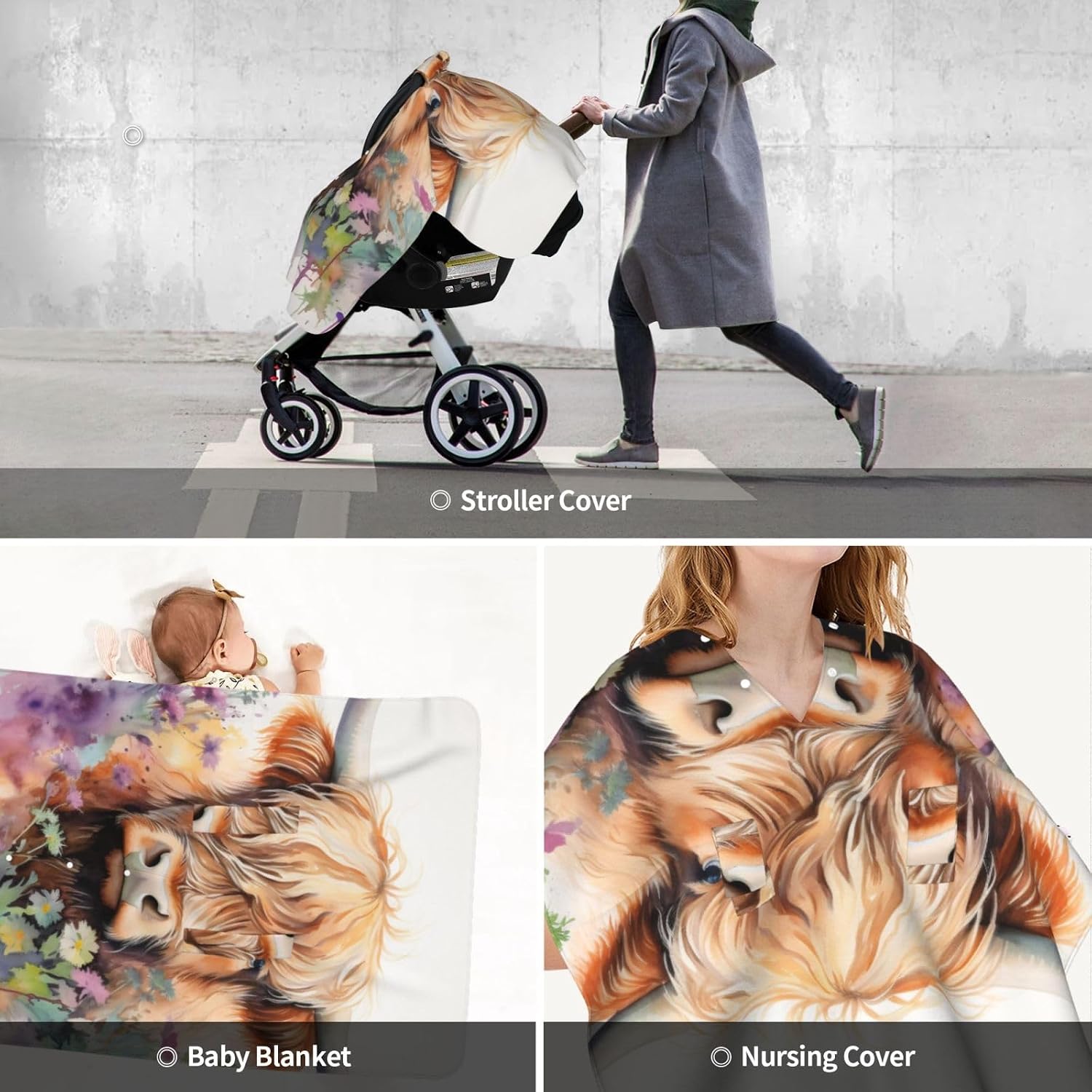 Spring Highland Cow Baby Car Seat Cover & Breastfeeding Nursing Cover - Breathable Stretch Fabric Multi-Use Nursing Cover for Breastfeeding