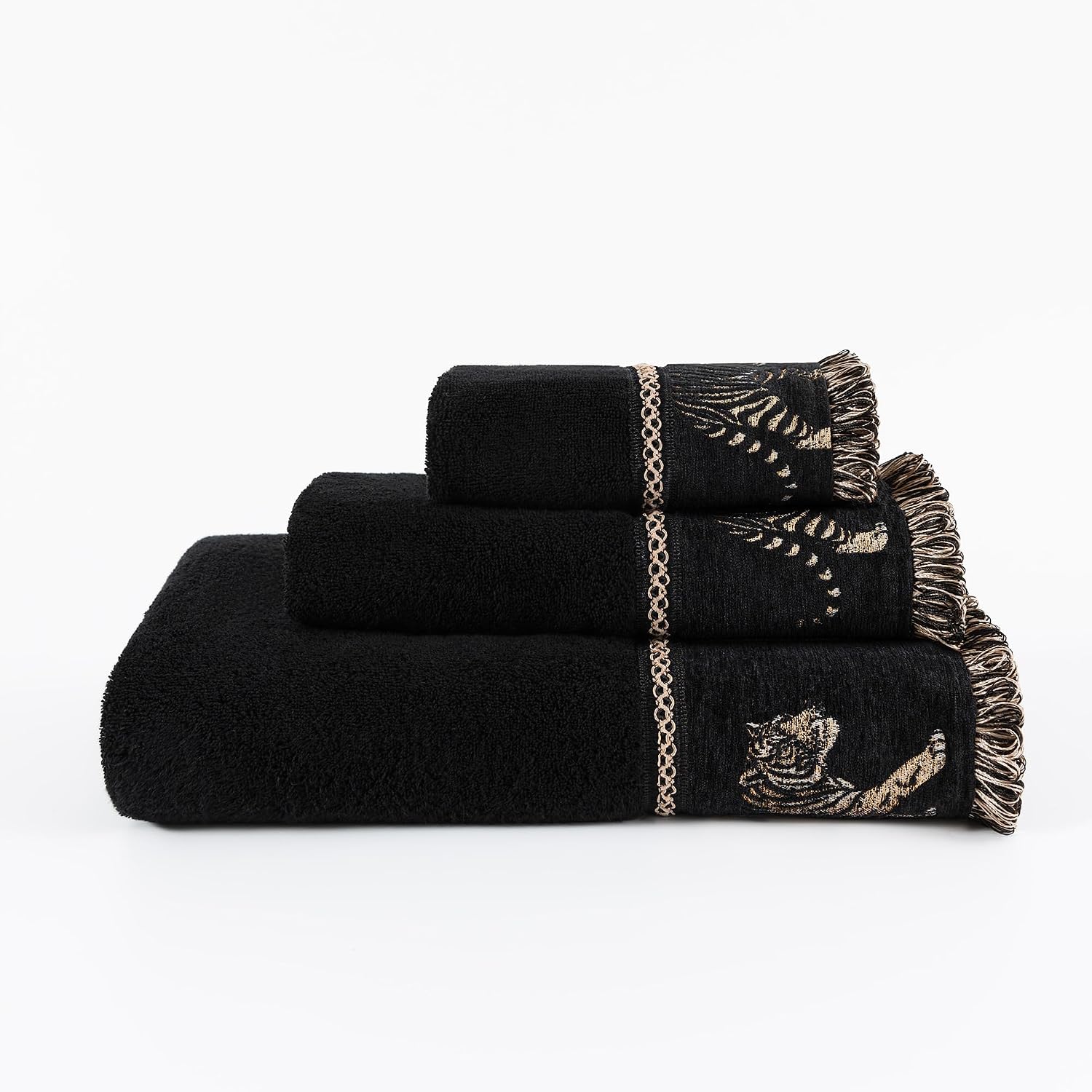 Luxury Tiger Bath Towel Set 3 Piece-1 Cotton Bath Towel, 1 Hand Towel, 1 Washcloth Decorative Bathroom Towel Sets, Vintage Animal Jacquard Soft Asorbent Black Towels for Bathroom(Black)