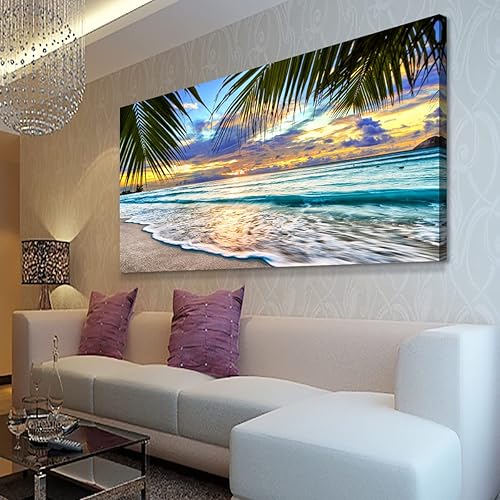 Lienzo de playa para pared, imágenes temáticas de paisaje marino, decoración del hogar, océano azul, olas blancas, palmeras, pinturas para sala de