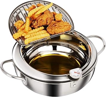 Deep Fryer Pot, 2Qt/8.2Inch Japanese Style Small Deep Fryer 304 Stainless Steel, Mini Deep Fryer with Thermometer, Lid, Oil Drip Drainer Rack for French Fries Fish Shrimp 2 Qt /8.2 Inch