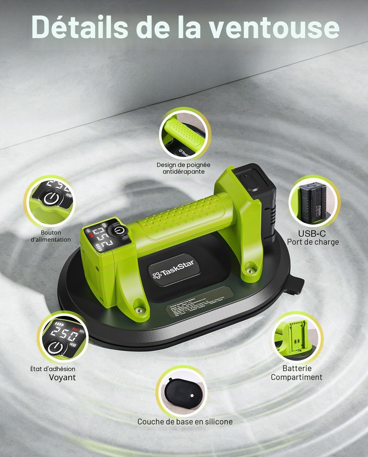 Taskstar Ventouse Carrelage Électrique: Ventouse Vitre sans Fil 25cm avec Capacité de Charge Verticale de 250 kg, Affichage LCD, 4X Batteries 3000mAh,Ventouse Pare Brise pour Verre, Carrelage, Granit