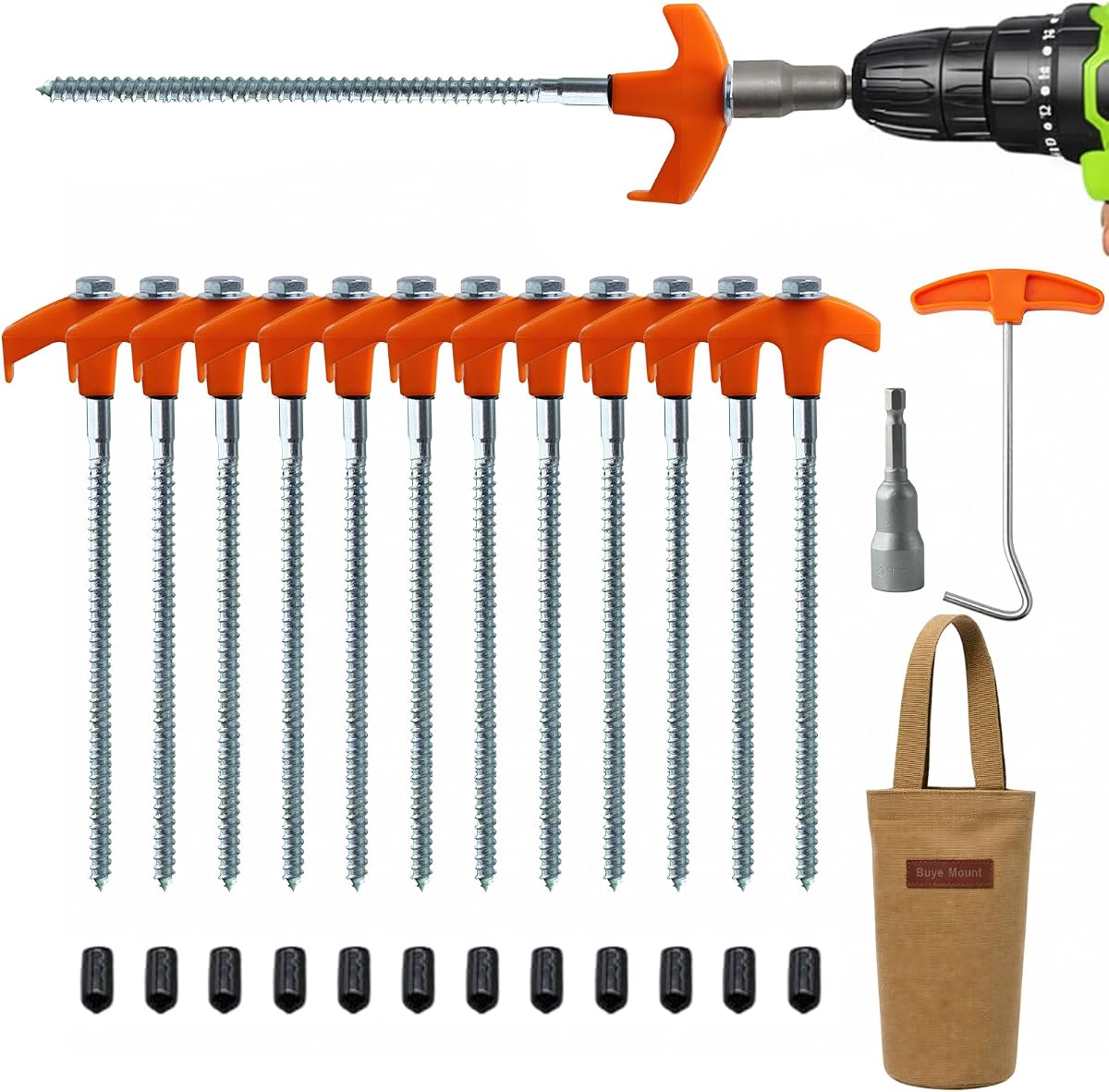 Paquete de 12 estacas resistentes para tienda de campaña atornilladas con adaptador de taladro y bolsa de almacenamiento, anclajes de suelo galvanizados de 8 pulgadas para camping, toldo, cenador, tiendas de campaña, toldos, trampolines y seguridad al aire libre