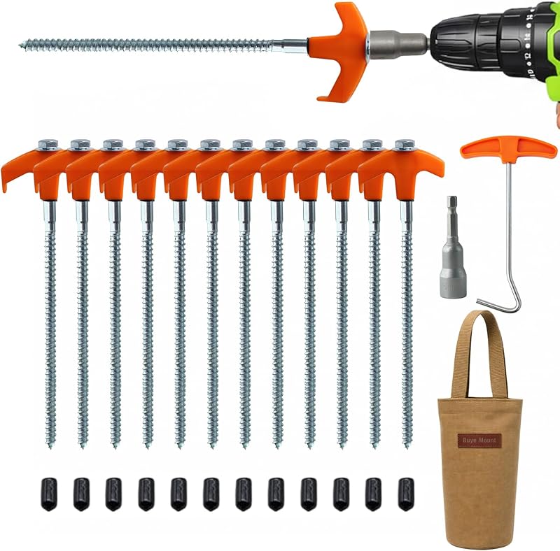 Paquete de 12 estacas resistentes para tienda de campaña atornilladas con adaptador de taladro y bolsa de almacenamiento, anclajes de suelo galvanizados de 8 pulgadas para camping, toldo, cenador, tiendas de campaña, toldos, trampolines y seguridad al aire libre