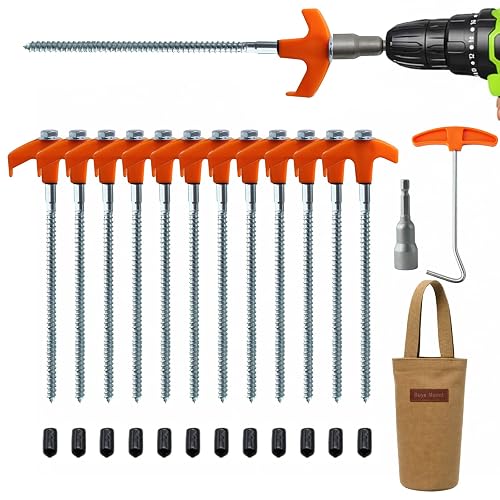 12-Pack Heavy Duty Screw-in Tent Stakes with Drill Adapter &