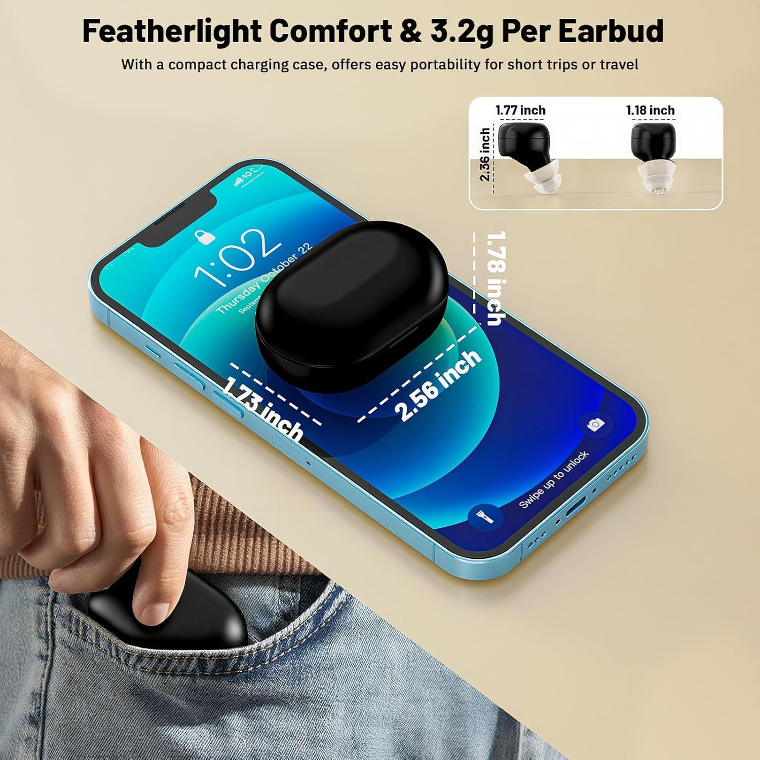 Audífonos recargables con estuche de carga | Tiempo de reproducción de 30 horas, 3 modos (reunión/deporte/exterior) | 6 almohadillas de silicona, pantalla LCD, cepillo de limpieza | IPX7 impermeable