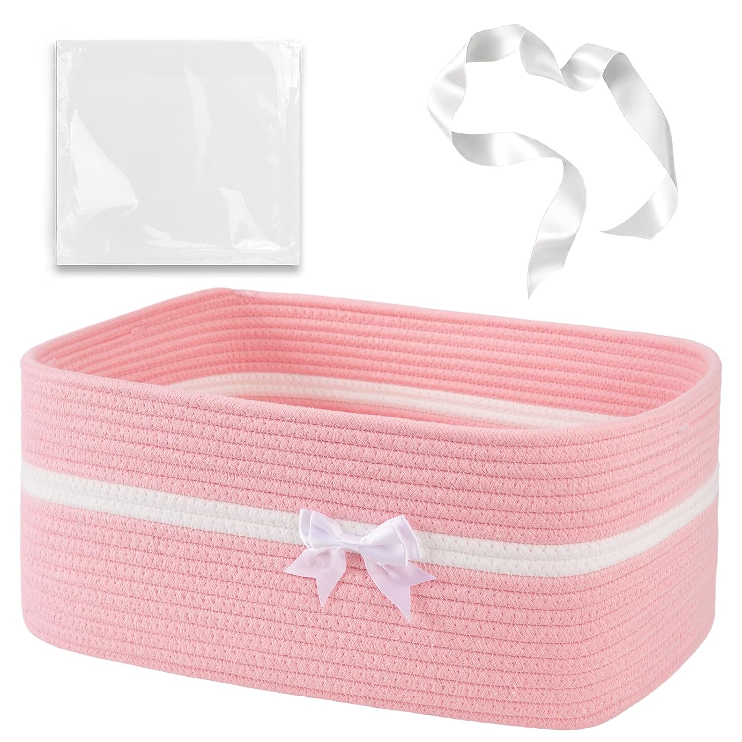 OIAHOMY Large Woven Storage Basket with Handles for Nursery Living Room Shelves, Bow Basket for Gifts Empty with Gift Bags and Ribbons for Baby Showers Pet Toy Bin - Pink, 25L