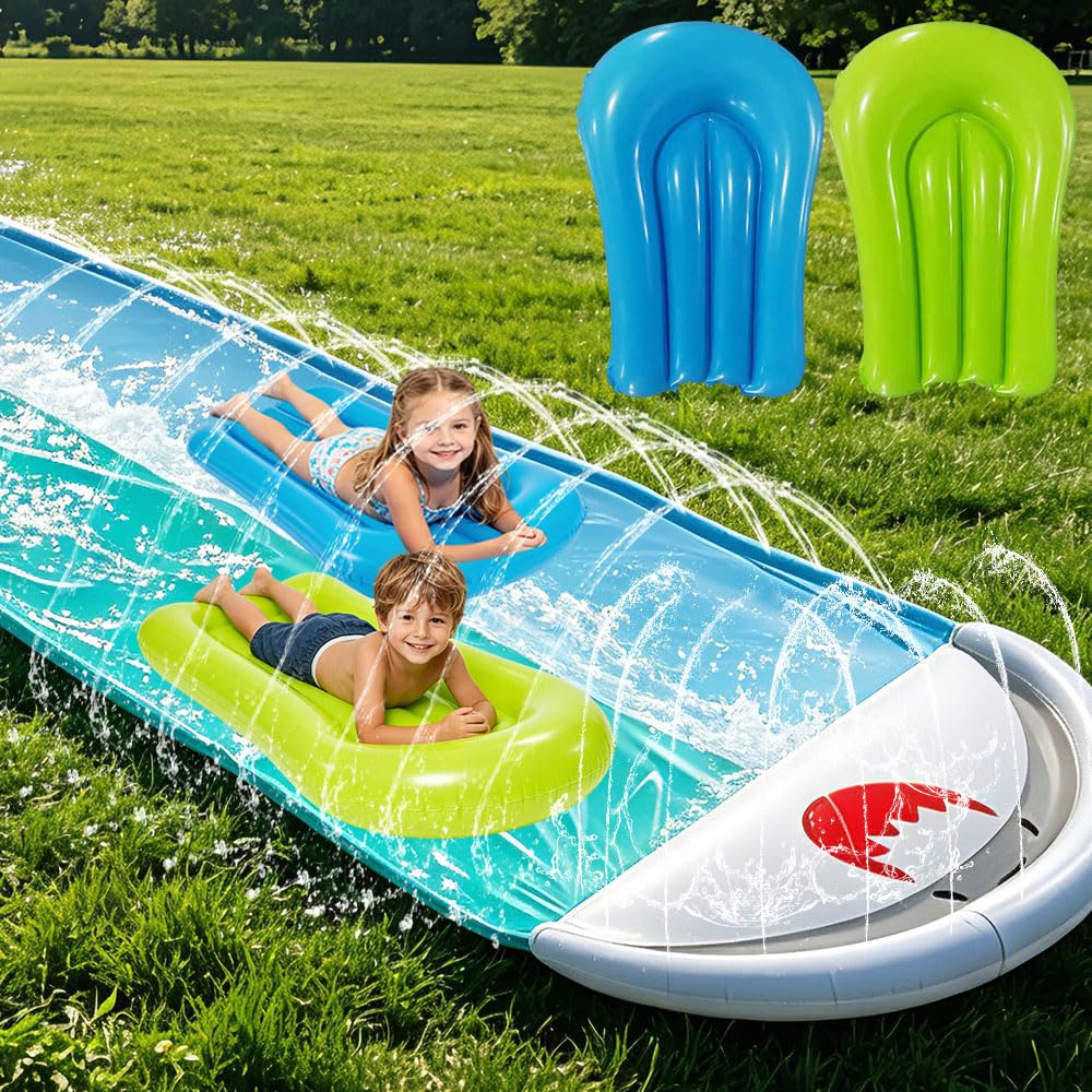 Aufblasbare Wasserrutsche Garten 550x145cm mit 2 Bodyboards Doppelte Wasserrutsche Eingebautem Sprinkler Hai-Stil