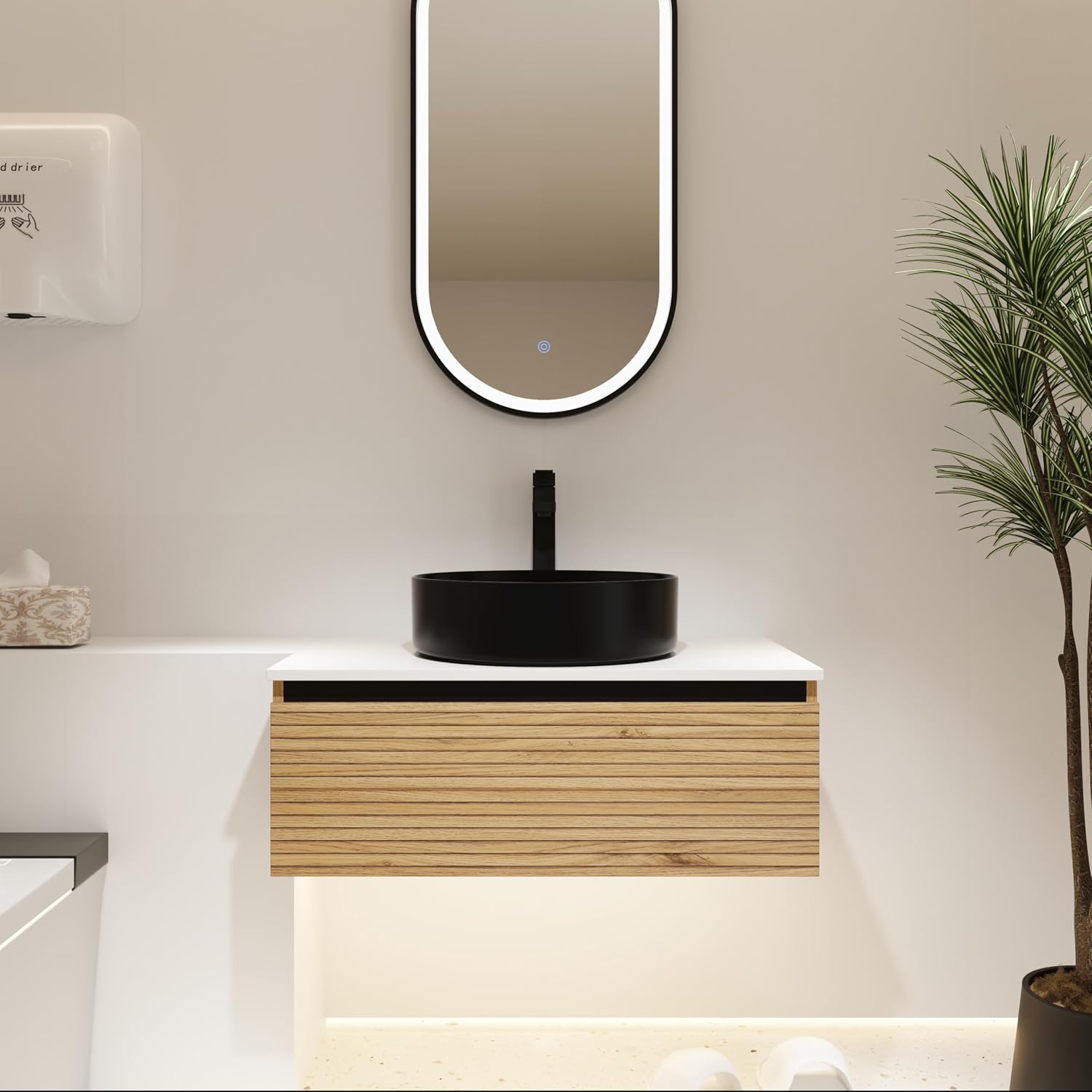 30 Inch Floating Bathroom Vanity with 1 Soft-Close Drawer, Engineered Wood Cabinet, Black Art Ceramic Sink, Wall Mounted, Oak