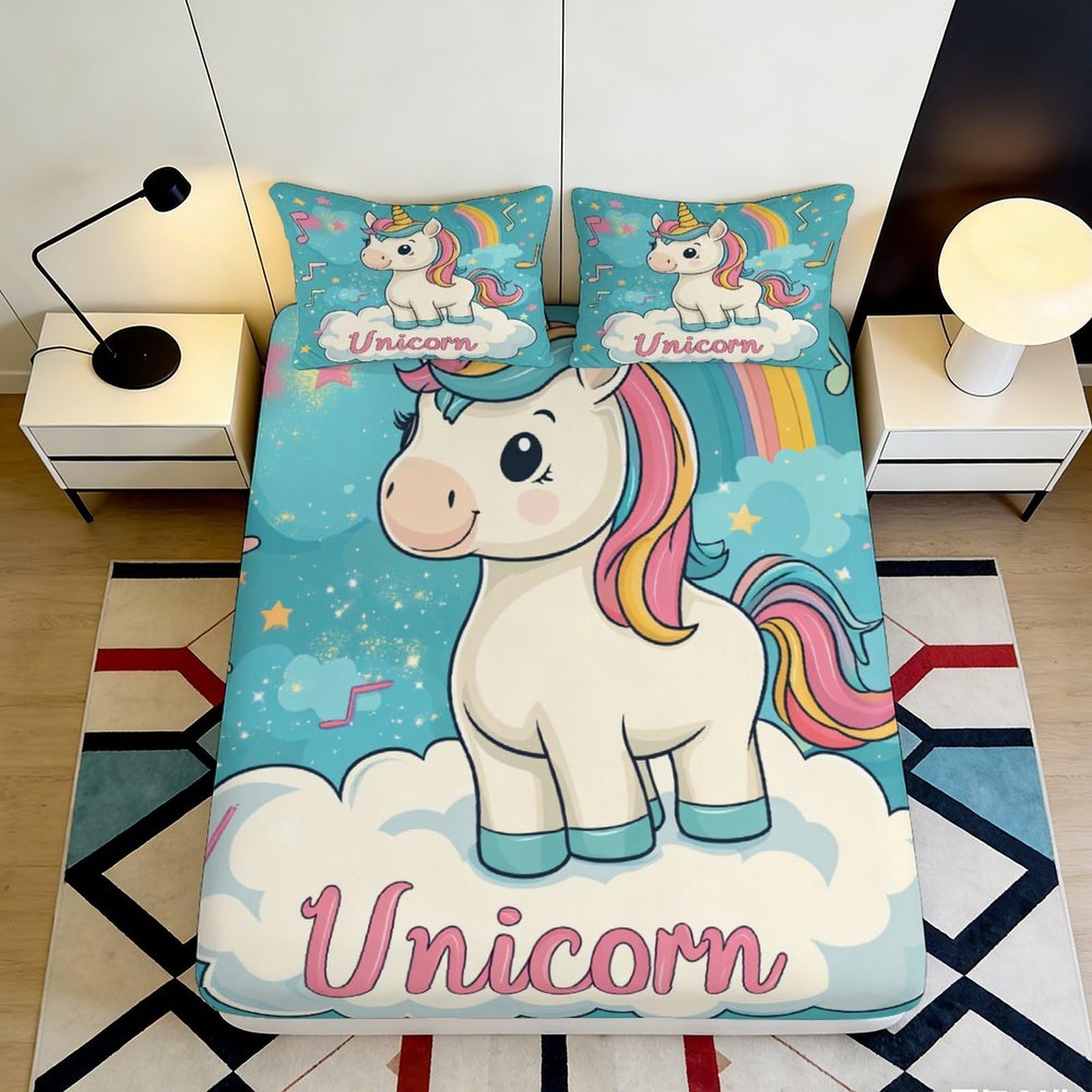3D Printed unicorn Fitted Sheet, soft touch Microfiber, anti-slip, wrinkle resistant, home bedroom decor, apartment bedding, easy care, cloud rainbow theme, bed linen, 115 characters 90x200x25cm