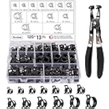 Toolwiz 120Pcs 7-22mm Spring Band Hose Clamp Assortment with Swivel Clamp Pliers, Constant Tension Radiator Hose Clamps, Black Hose Clips for Fuel Line, Silicone Vacuum Hose, Air Tube, Water Pipe