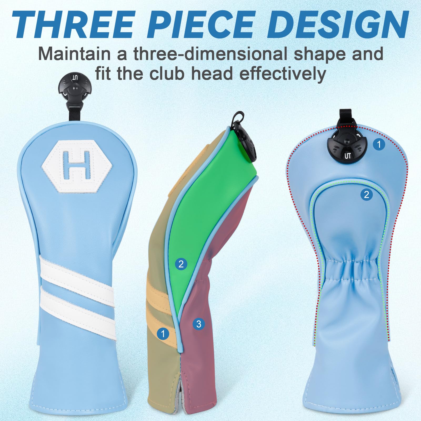 Golfschlägerhauben aus Holz für Driver/Fairway/Hybrid/1FH Hellblau PU-Leder