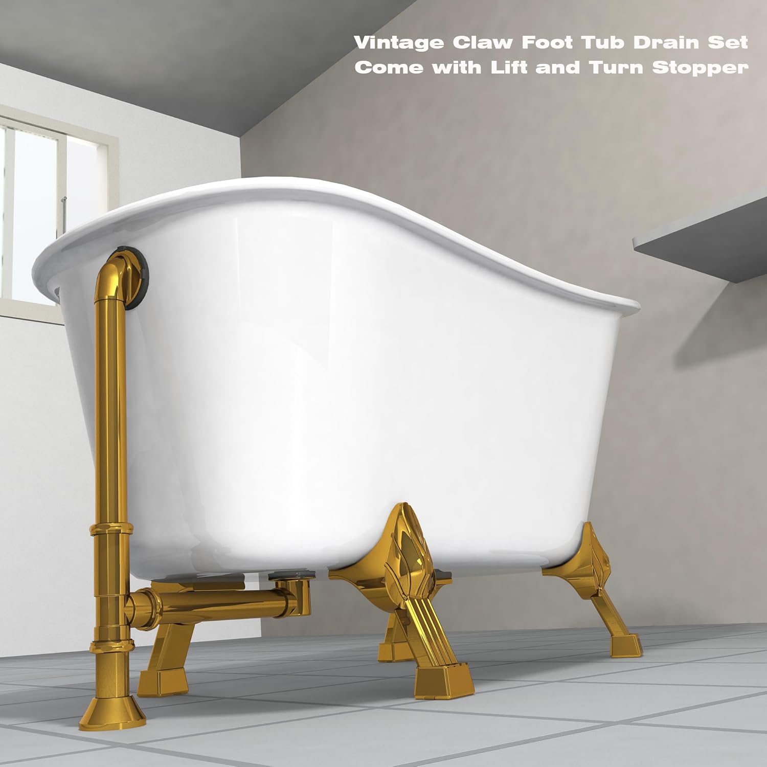 Artiwell Vintage Claw Foot Tub Drain Kit with Lift and Turn Bath Drain Stopper, 1-1/2" Brass Tubular Leg Tub Bathtub Waste and Overflow Drain Assembly with Drain Plug and Bathtub Overflow Cover