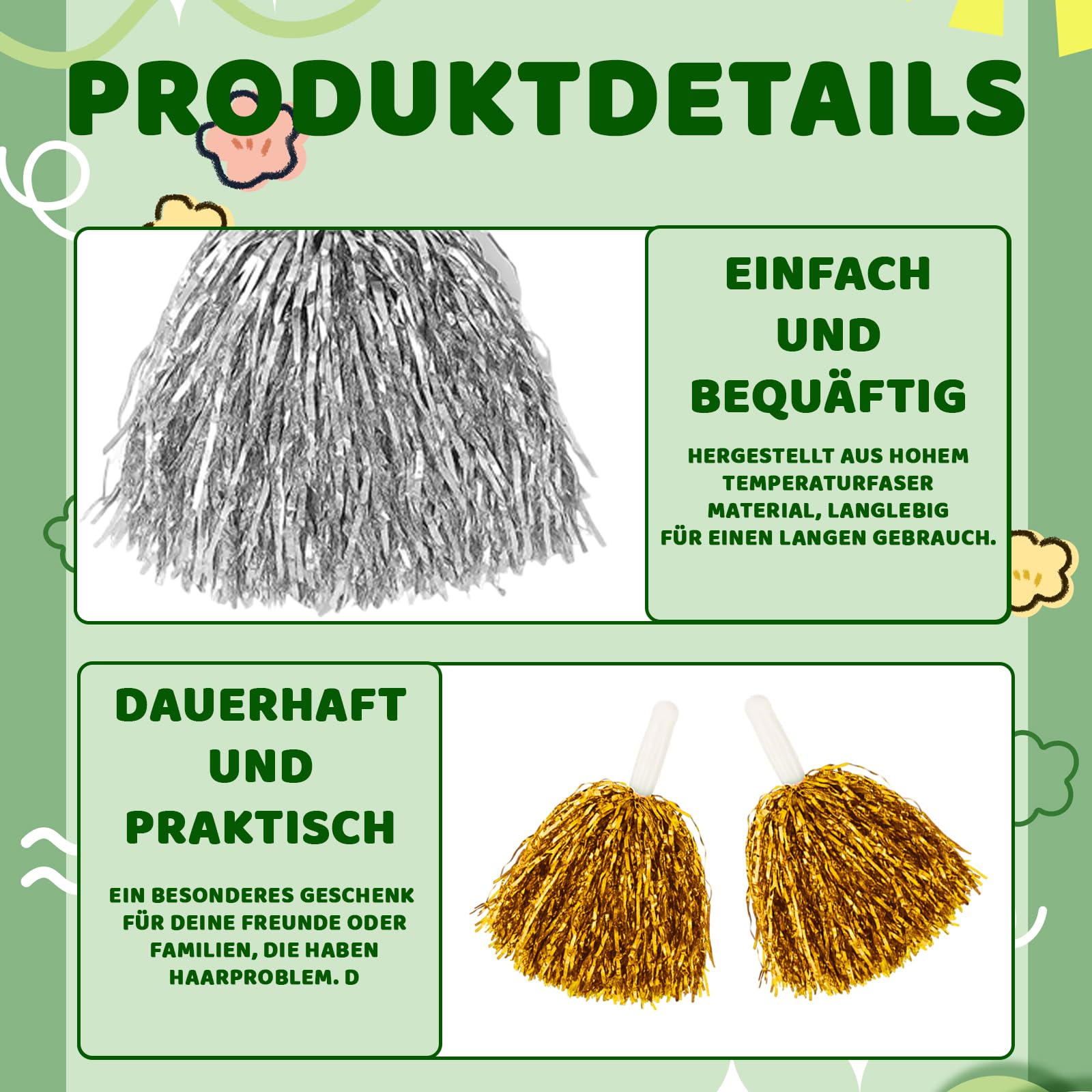 14 pompon da cheerleader, per eventi sportivi, danza, feste, eventi di squadra, 14 pezzi, rosso, verde, rosa, viola, argento, oro, nero