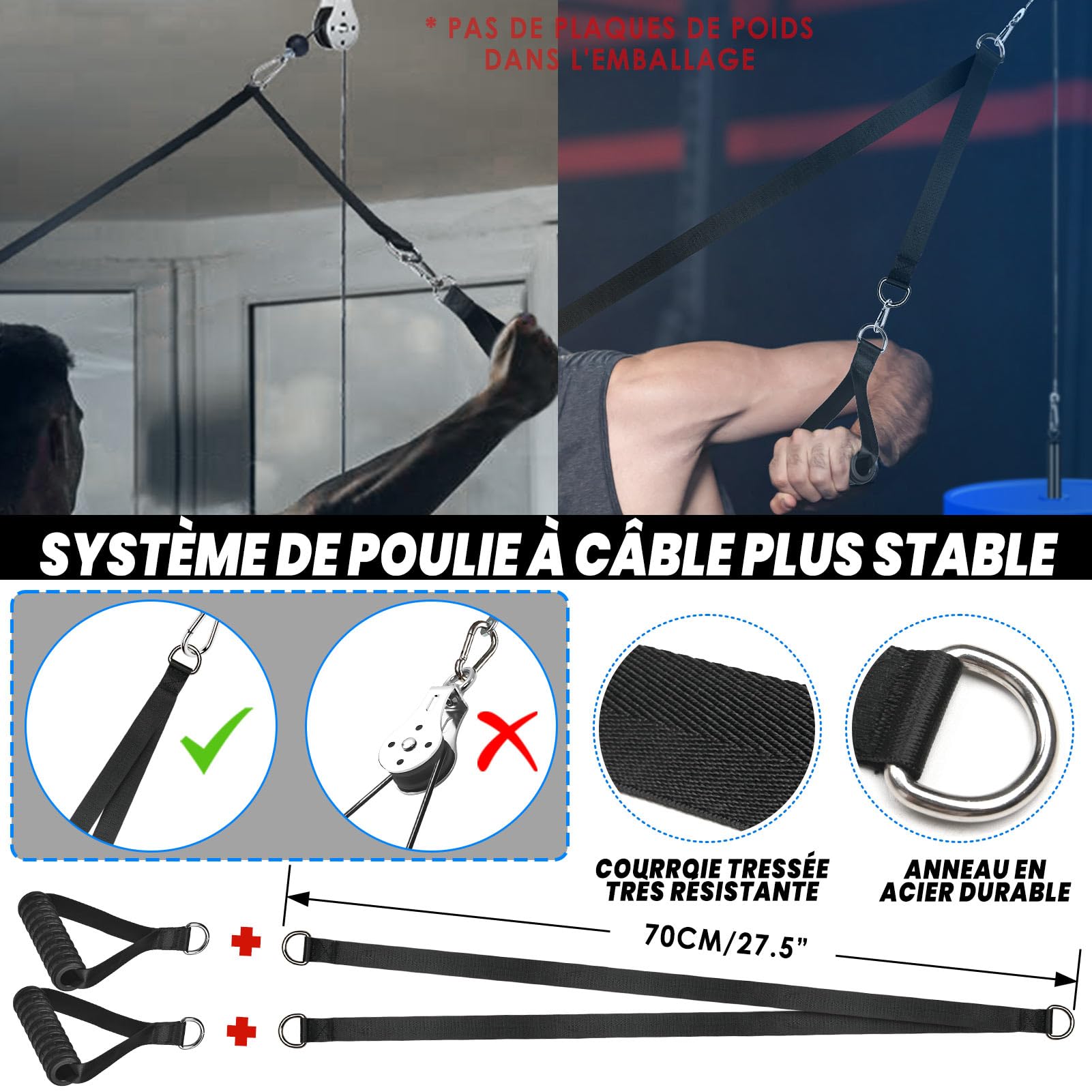 Poulie Musculation, 3 en 1 Muscu Machine kit Poulie de Tirage Musculation Maison avec Mousse Barre Poignet, Appareil Fitness Accessoire pour Triceps Biceps Bras Poitrine Dos