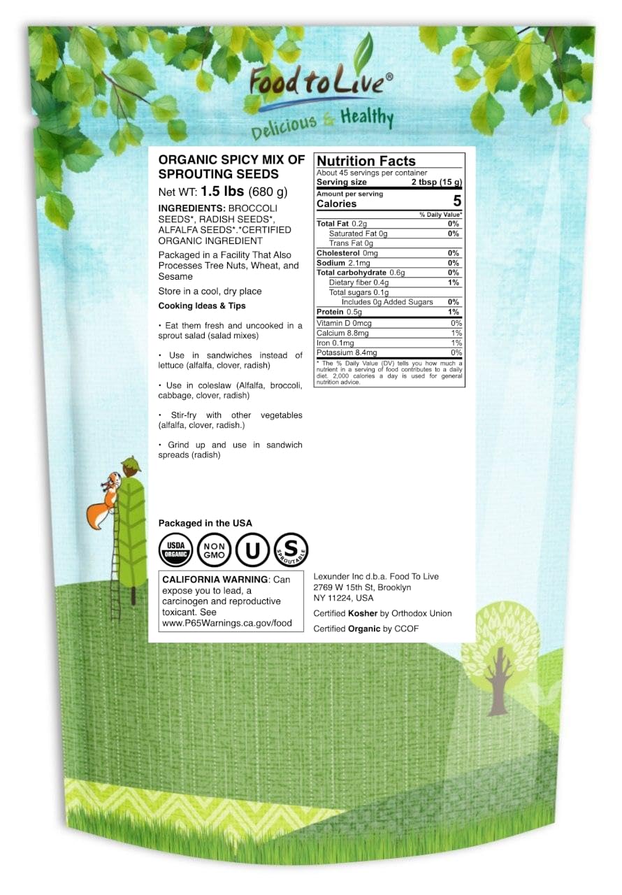 Food to Live Organic Spicy Mix of Sprouting Seeds, 1.5 Pounds — Non-GMO Broccoli, Radish, Alfalfa, Raw, Rich Germination Rate, Non-Irradiated, Pure, Kosher, Vegan Superfood, Bulk, Rich Sulforaphane