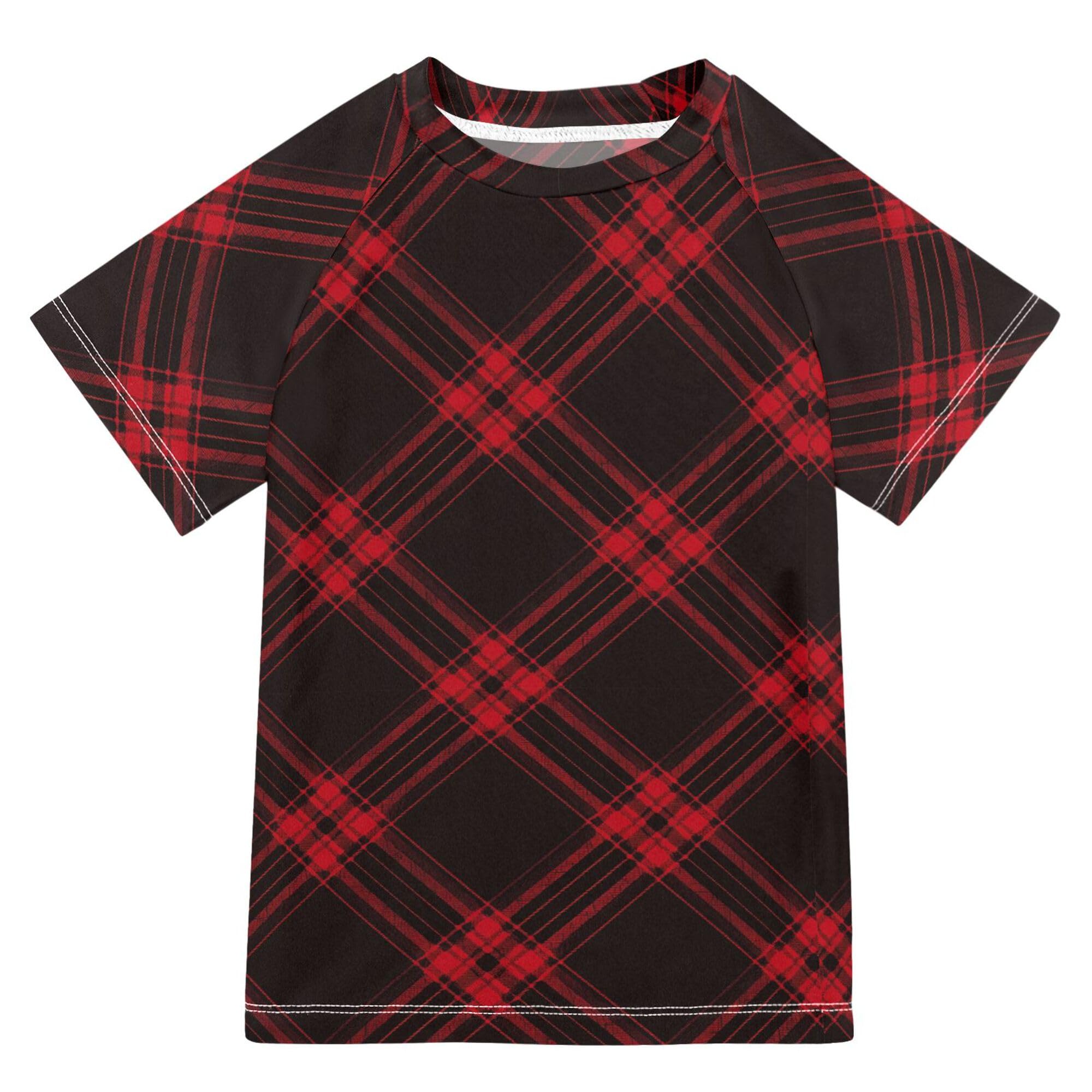 Wudan Red Black Plaid Dark Girls Bathing Suit UV Protection Girl Rash Guard Swimwears Workout Shirts for Big Boy 4T