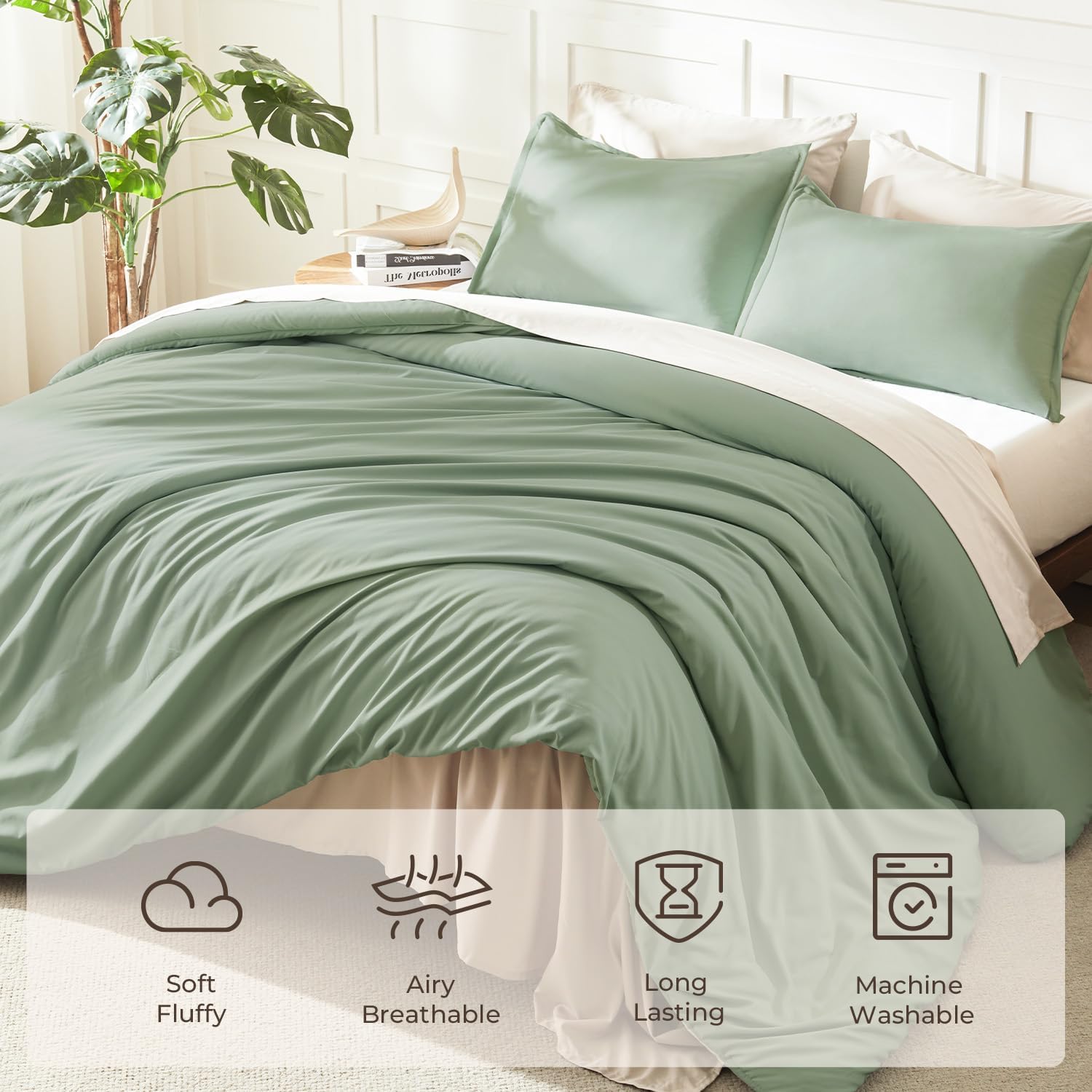 Litanika King Size Comforter Set, 3 Pieces Lightweight Solid Comforter King Size, All Season Fluffy Down Alternative Comforter Bed Set Quilt Blanket, Sage Green, King thumbnail