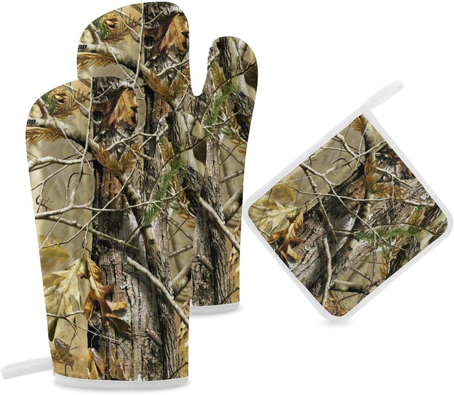 Camouflage Hunting Forests Print Oven Mitts and Pot Holders 3 Piece Sets Heat Resistant Gloves Hot Pads Potholders for Kitchen Baking Cooking