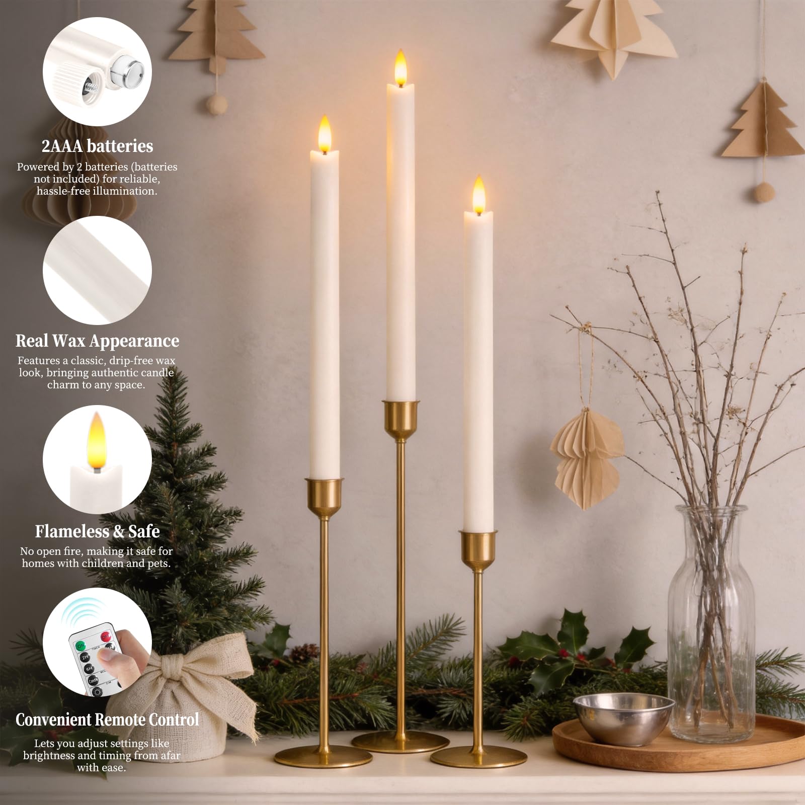 6er Set LED-Kerzen – Flammenlos, Echtes Wachs, Mit Fernbedienung & Timer (Schwarz, 8,6 Zoll)
