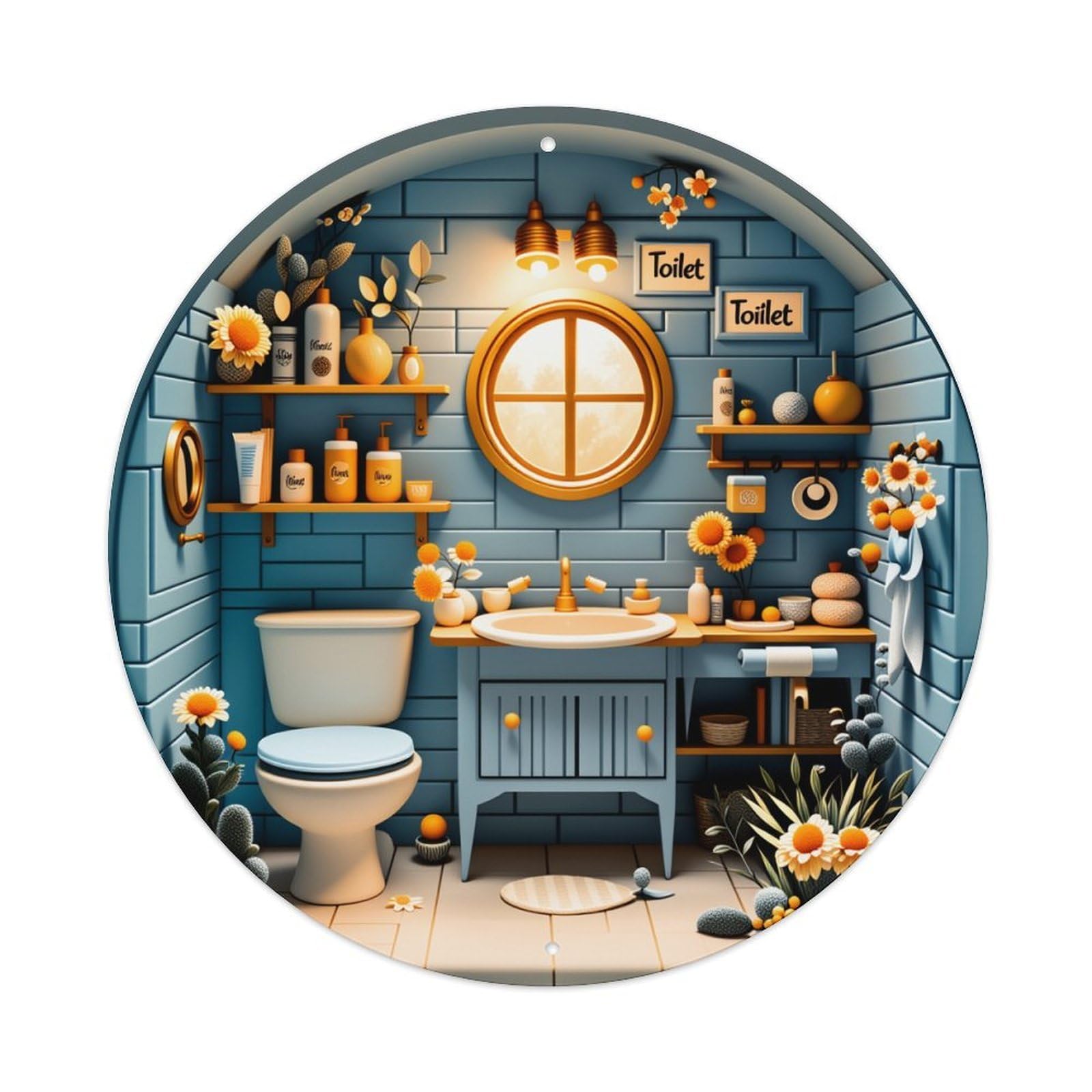 Blue Brick Wall With Yellow Flowers And Wooden Shelves Round Vintage Tin Sign,Retro Wall Art,Metal Poster for Home, Bar, Garage, Cafe, Rustic Indoor & Outdoor Decor, 8x8 Inches