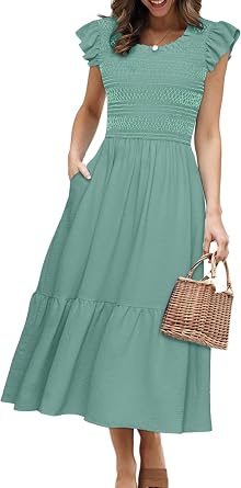 Simplee Womens Summer Midi Dress Casual Boho Smocked Waist Flutter Sleeve A Line Flowy Tiered Dress with Pockets