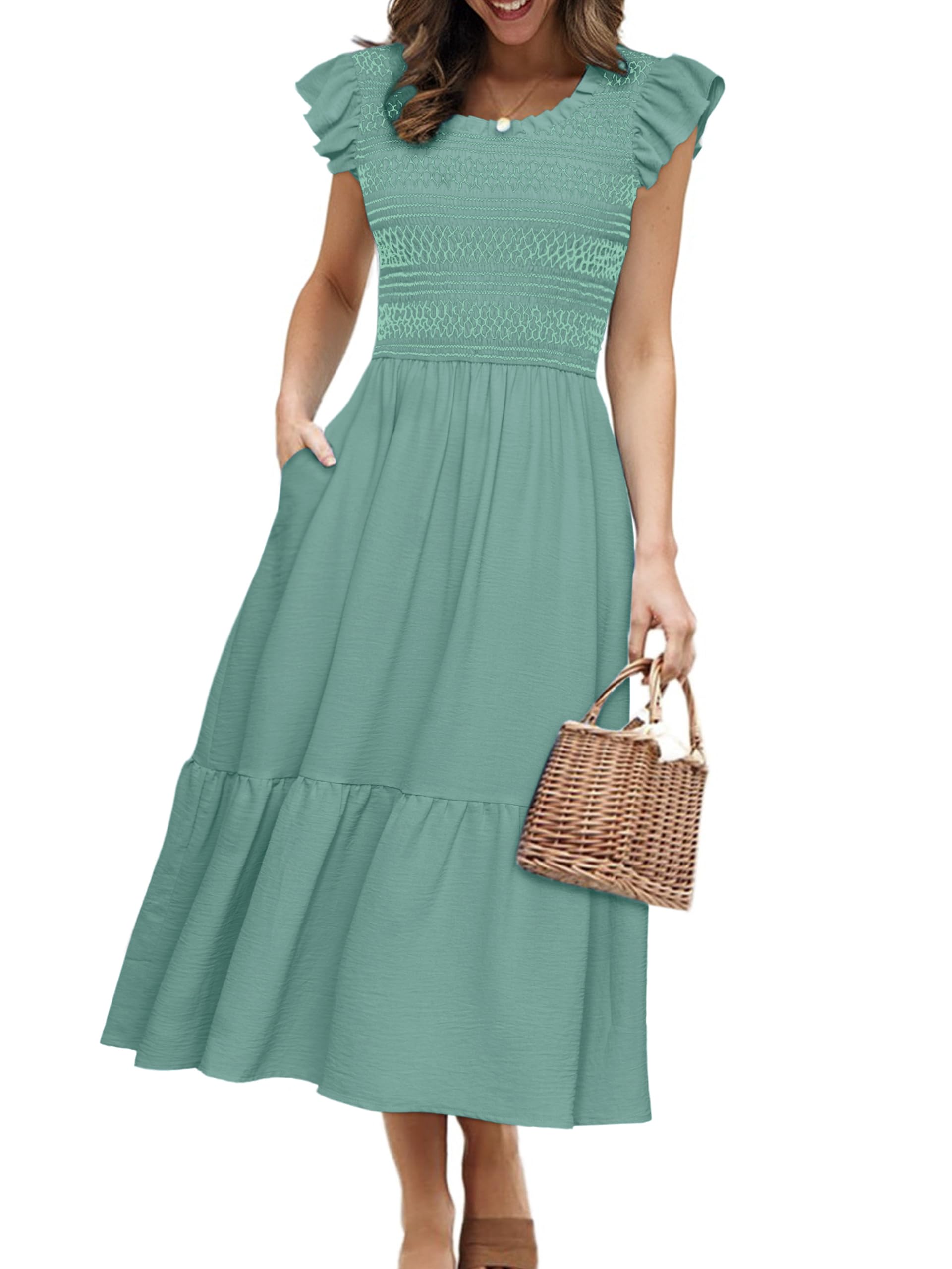 Simplee Womens Summer Midi Dress Casual Boho Smocked Waist Flutter Sleeve A Line Flowy Tiered Dress with Pockets