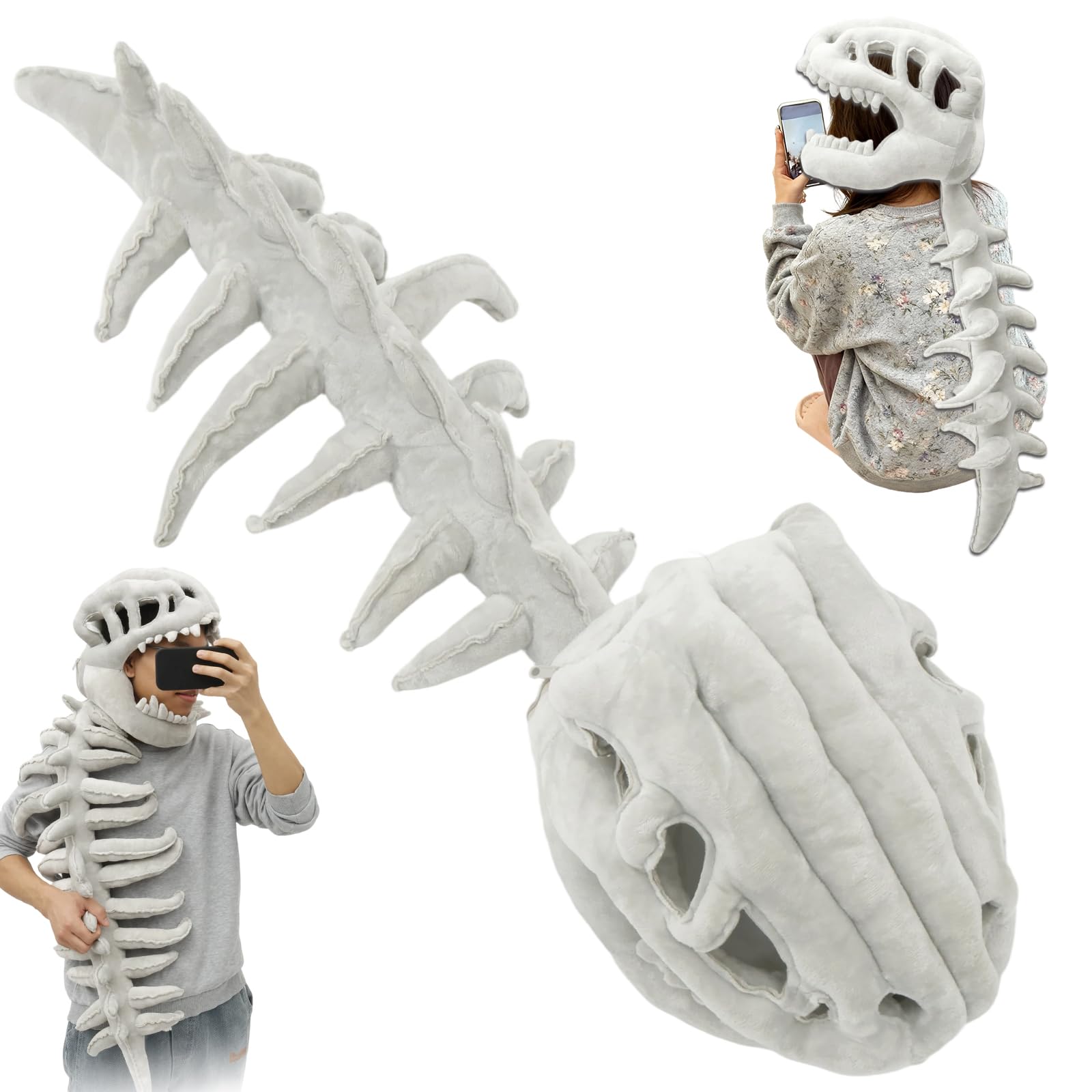 Dinosaur Skeleton Jumpsuit Dinosaur Plush Dino Outfit Party Fun Dinosaurs Skeletons Plush Costume Spinosaurus Skull Headpiece Halloween Cosplay Skeleton Prop with Spine Extension for Party (Kid)