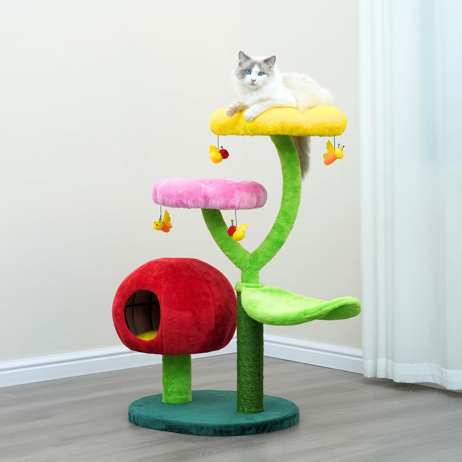 Catry Mushroom Flower Cat Tree Tower with Flower Perches, Leaf Hammock, Hideaway Condo, Replaceable Natural Sisal Scratching Post, Multi-Bee Toys, Novelty Colorful Cat Tree