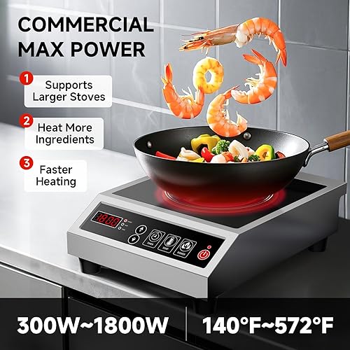 Miniatura 2 de Placa de cocción de inducción comercial de 1800 W, quemador portátil de encimera con bobina de calentamiento rápido de 8 pulgadas, 11 niveles de