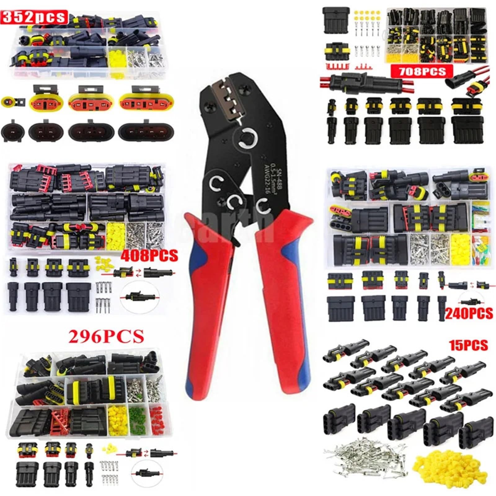 708/408/352/240/296/15 conectores impermeables HID, sello marino, conector de cable eléctrico automotriz, arnés de camión (240 piezas con alicates)