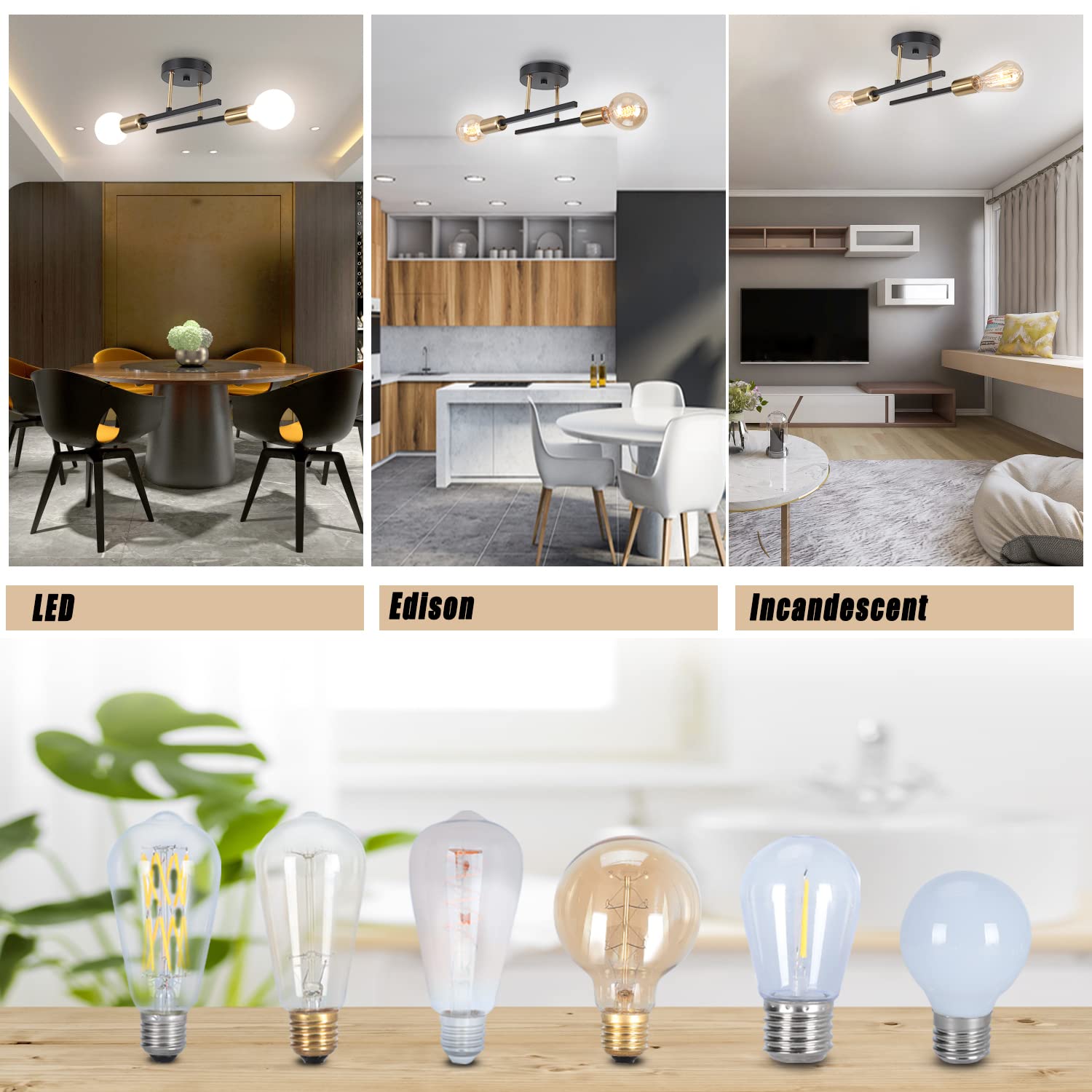 Lustre Plafonnier Industriel E27 Lampe Suspendue 2 Lumières Luminaire Plafonnier Noir Doré éclairage Intérieur pour Salon, Chambre, Couloir (Sans Ampoule)