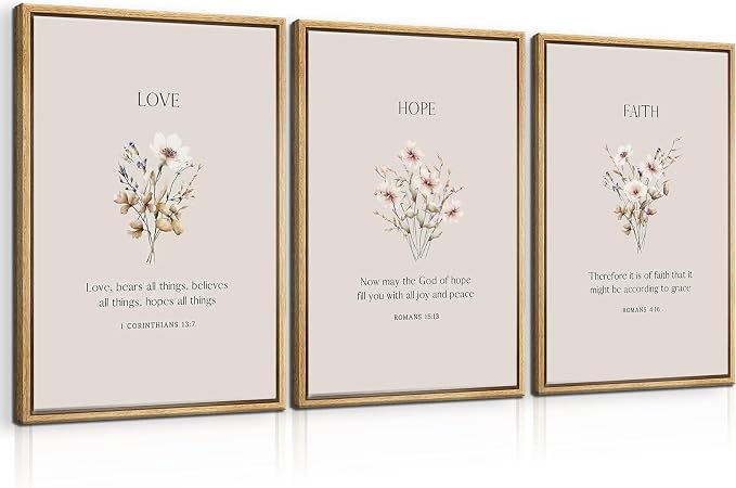 3Pcs Christian Flower Canvas Wall Art Scripture Floral Wall Decor Bible Verses God Quotes Paintings pictures Religious Belief Posters Prints for Living Room Bedroom(12x16in poster