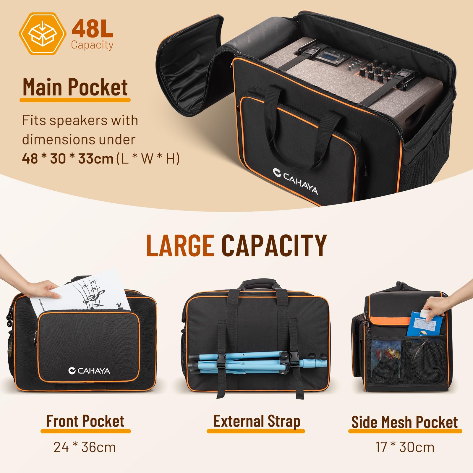 CAHAYA CY0361 Sac de Transport rembourré pour Haut-Parleur avec Plusieurs Poches et Sangles extérieures pour Bluetooth Boombox Stands Accessoires, Noir, Moderne