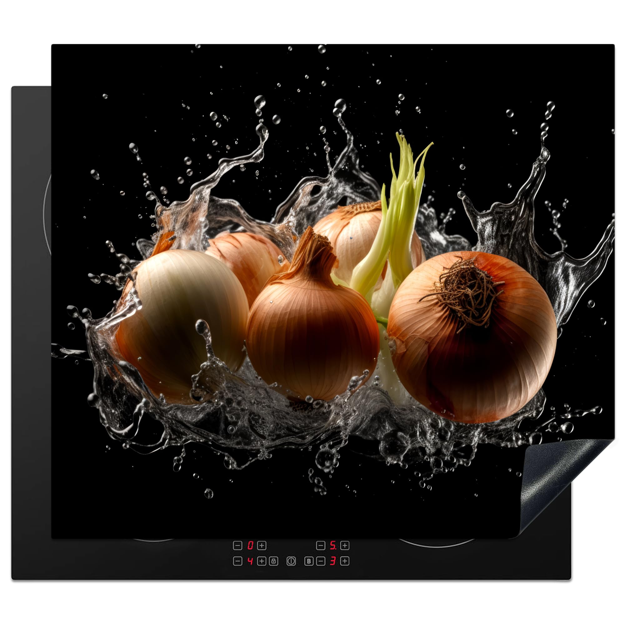 KitchenYeah© Induction Hob Protector Mat 20.5"x23.2" / 59x52 cm Stove Cap Top Cover Kitchen Cooker Covers for Electric Hobs Vinyl Onion - Vegetable - Brown - Water - Black — image 1