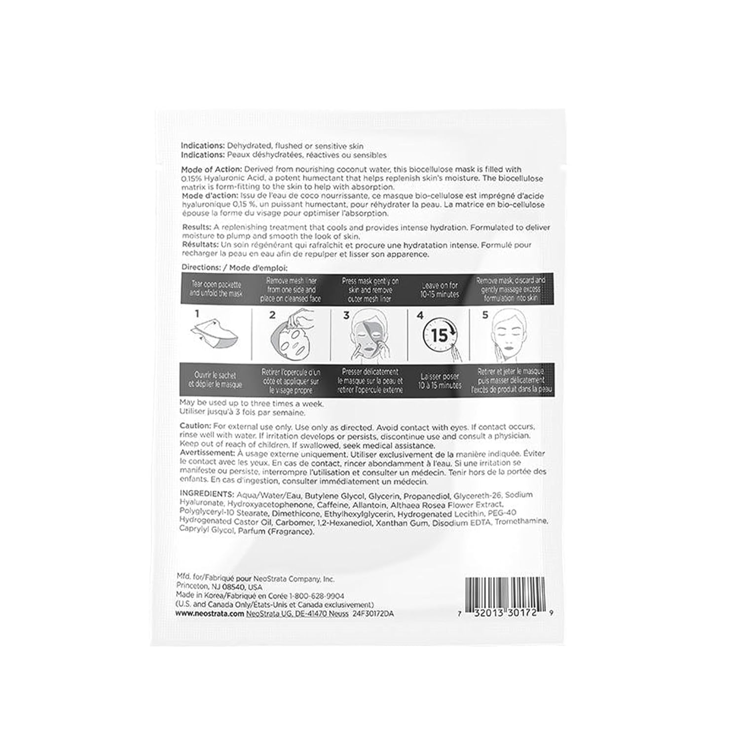 NEOSTRATA Restore Pure Hyaluronic Acid Biocellulose Face Mask, Hydrating and Plumping Single Use Sheet Mask for Dry, Sensitive Skin, 0.7 oz (Pack of 2)