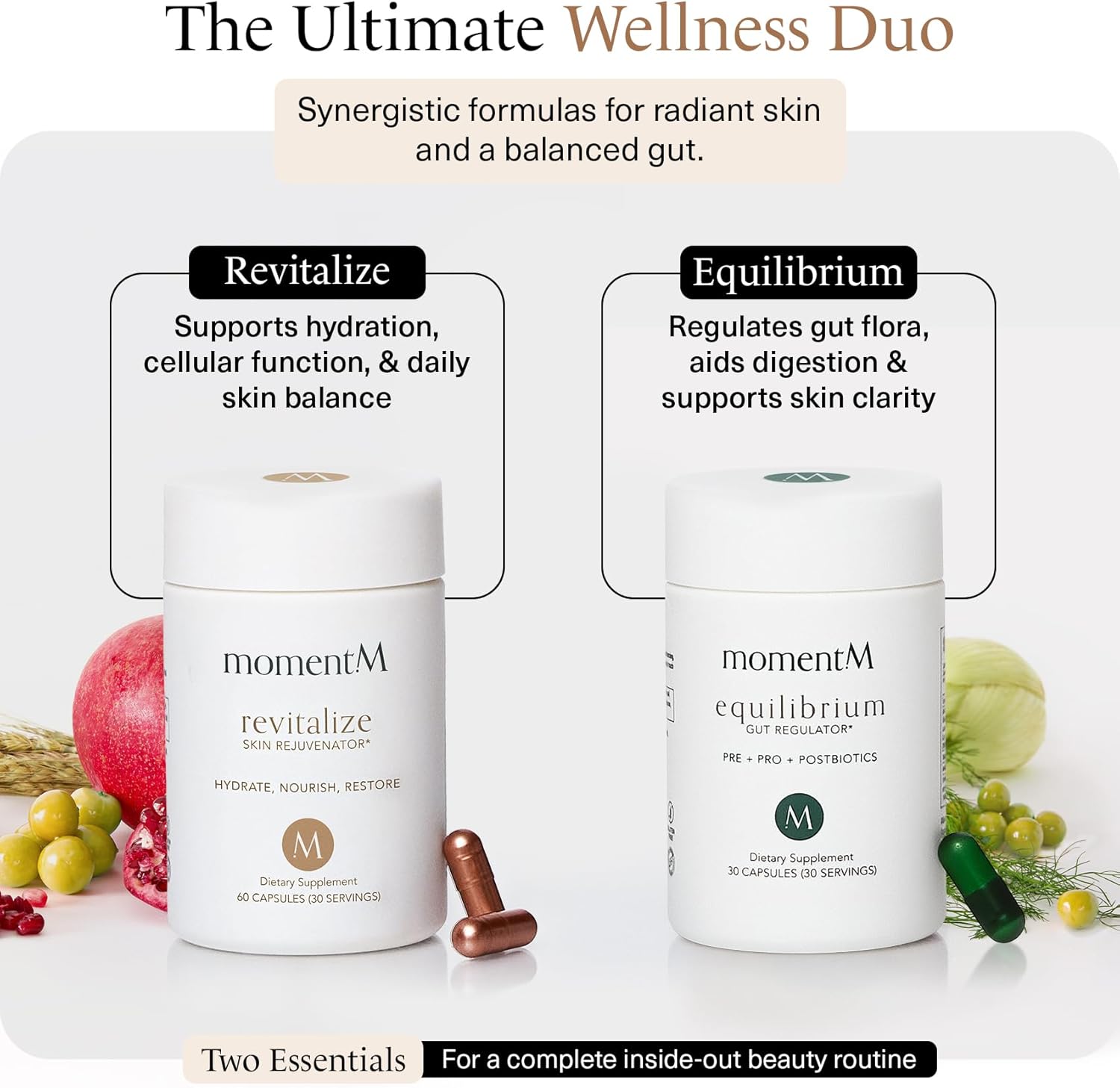 momentM Revitalize Skin Hydration Supplement, Vegan Collagen Alternative with Ceramosides & Astaxanthin - Hyaluronic Acid Supplements for Anti-Aging, Wrinkles & Fine Lines, 60 Hyaluronic Acid Capsules