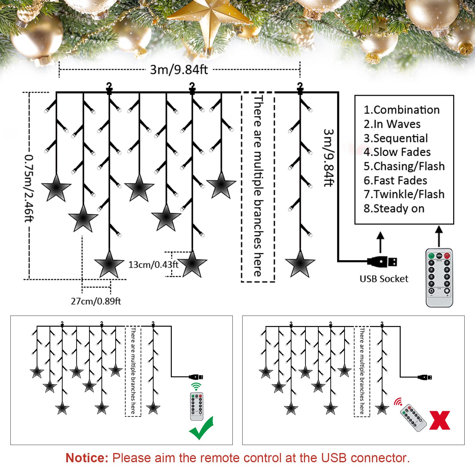 BLOOMWIN Lichtervorhang Stern Lichterkettenvorhang USB 8Modi Stimmungslichter Weihnachtsbeleuchtung für Fenster Tür Innen Sternenvorhang Warmweiß (Packung mit 2)