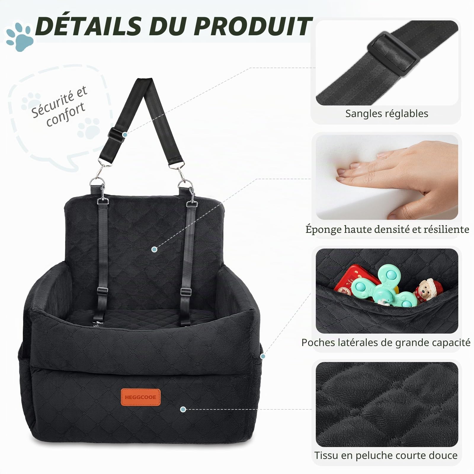 HEGGCOOE Siège auto pour petit chien en mousse à mémoire de forme avec coussin épais pour chiens de moins de 16 kg, amovible, lavable