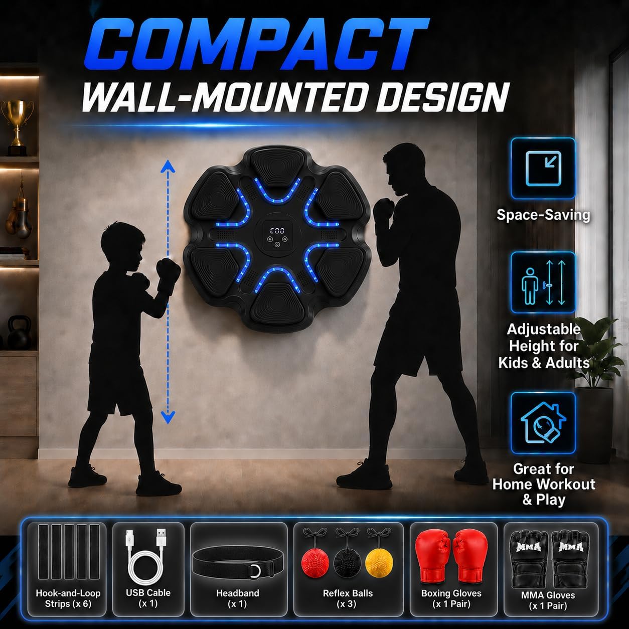 Music Boxing Training Tool, Adjustable Height Punching Target, Hand Eye Coordination Game, Electronic Boxing Set, Workout for Kids Adults Home Fitness, 9 Speed 9 Intensity, USB Rechargeable